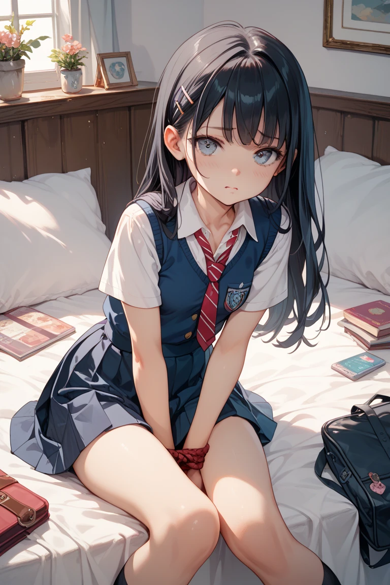 NSFW, ((Standing upright with one leg in front of the other)),(full body shot, full body view), ((cute and symmetrical face)),8k, masterpiece, RAW photo, best quality, photorealistic, extremely detailed CG unity 8k wallpaper,(biologically correct form),(masterpiece:1.2, top-quality), (realistic, photorealistic:1.4), beautiful illustration, (natural side lighting, movie lighting), looking at viewer, ((focus on face)), 1 girl, 25 years old, perfect face, perfect body, shiny skin, beautiful hair, beautiful face, beautiful eyes, beautiful detailed eyes, beautiful body, beautiful chest, beautiful arms、beautiful thigh, ((beautiful long thin legss)), (small butt),blush, (Matching Stiletto heels left and right and same color anklets), (biologically correct form), (lovely smile), (((dark blue blazer, close clothes), white collared shirt, black plaid pleated miniskirt, dark red tie), (black pantyhose))、Bewitching、((Back shot)),