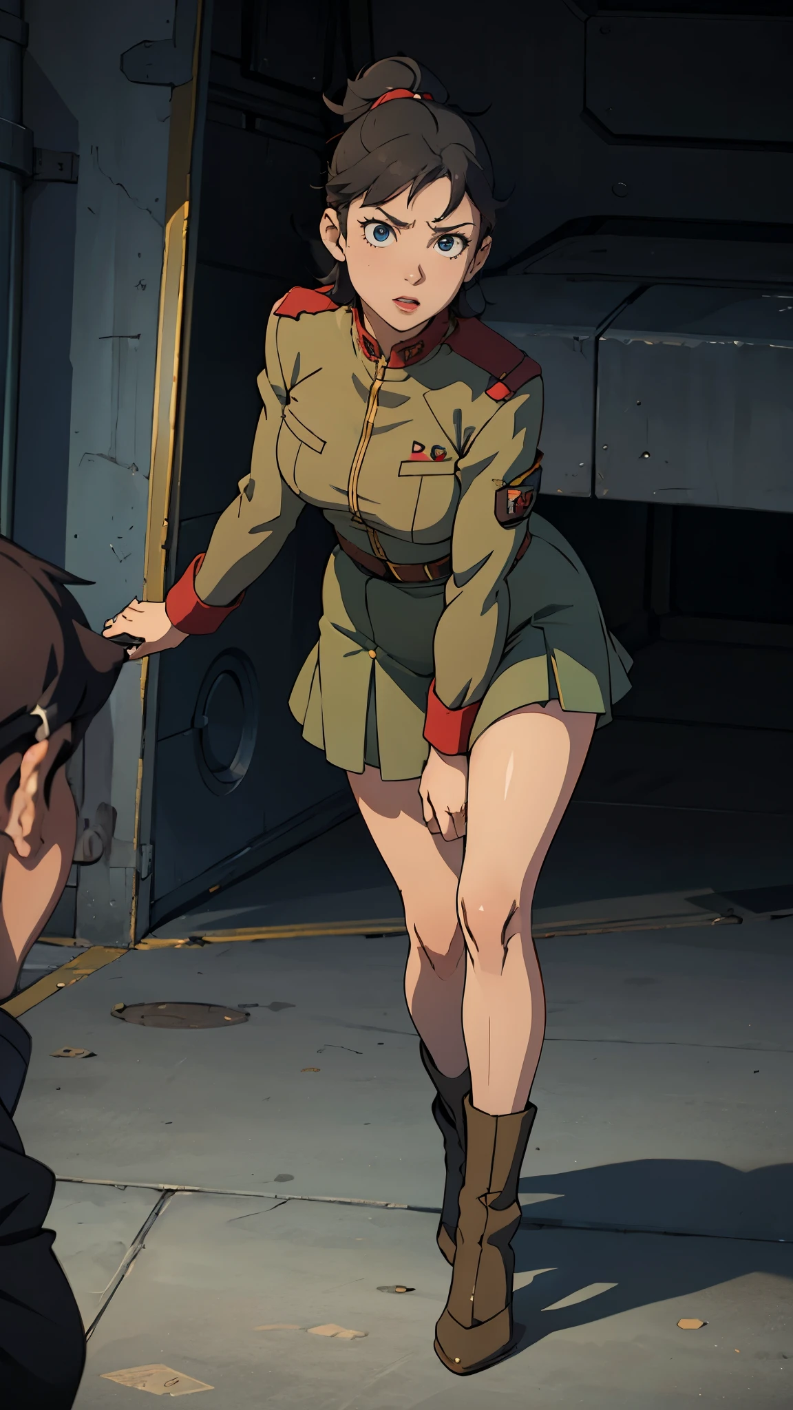 girl with long hair, perfect body, purple-red eyes, military jacket, beautiful thick thighs, purple-red and black clothing, military boots, many belts, holds a futuristic machine gun with both hands, has war scars, walking shot, focus Full body, high definition details, military base background.