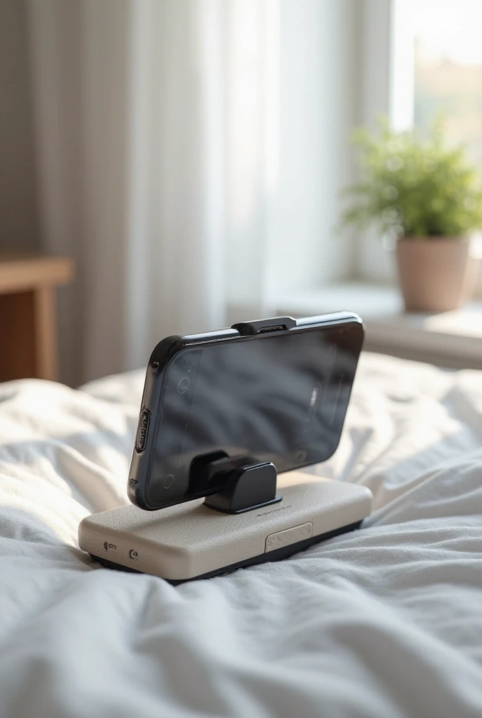 "A hyper-realistic 3D image of an innovative cell phone holder, in the horizontal position, with:
1. **Soft side (contato with o corpo)**:
- Surface padded with **anti-allergic silicone** (nude or light gray color),
- Textura suave with micro-relevos para ventilação,
- Thickness : 1.5 cm.
2. **Rigid side (contato with o aparelho)**:
- Structure in **reinforced polycarbonate** (cor preto fosco),
- Built-in magnets for fixing the cell phone,
- Corners thin edges and (3 mm thick).
3. ** Functional Details **:
- Adjustable angle of inclination (15° to 45°),
- LED strip on the side ( Optional, color blue),
- Compatível with celulares de 6 a 7 polegadas.
4. **Scenario**:
- Sobre uma cama with lençóis claros, natural lighting coming from the window,
- Cell phone attached to the holder showing a video playing.
5. **Style**:
- Professional 3D render, 8k, details of realistic materials (silicone roughness, discreet polycarbonate),
- Depth of field focused on the support, soft blur on the background."