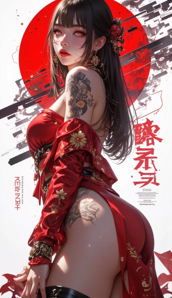(full_body)、Woman、red_background、(big_breasts:1.5)、Detailed、POP、vivid、pose:1.2、Open chest