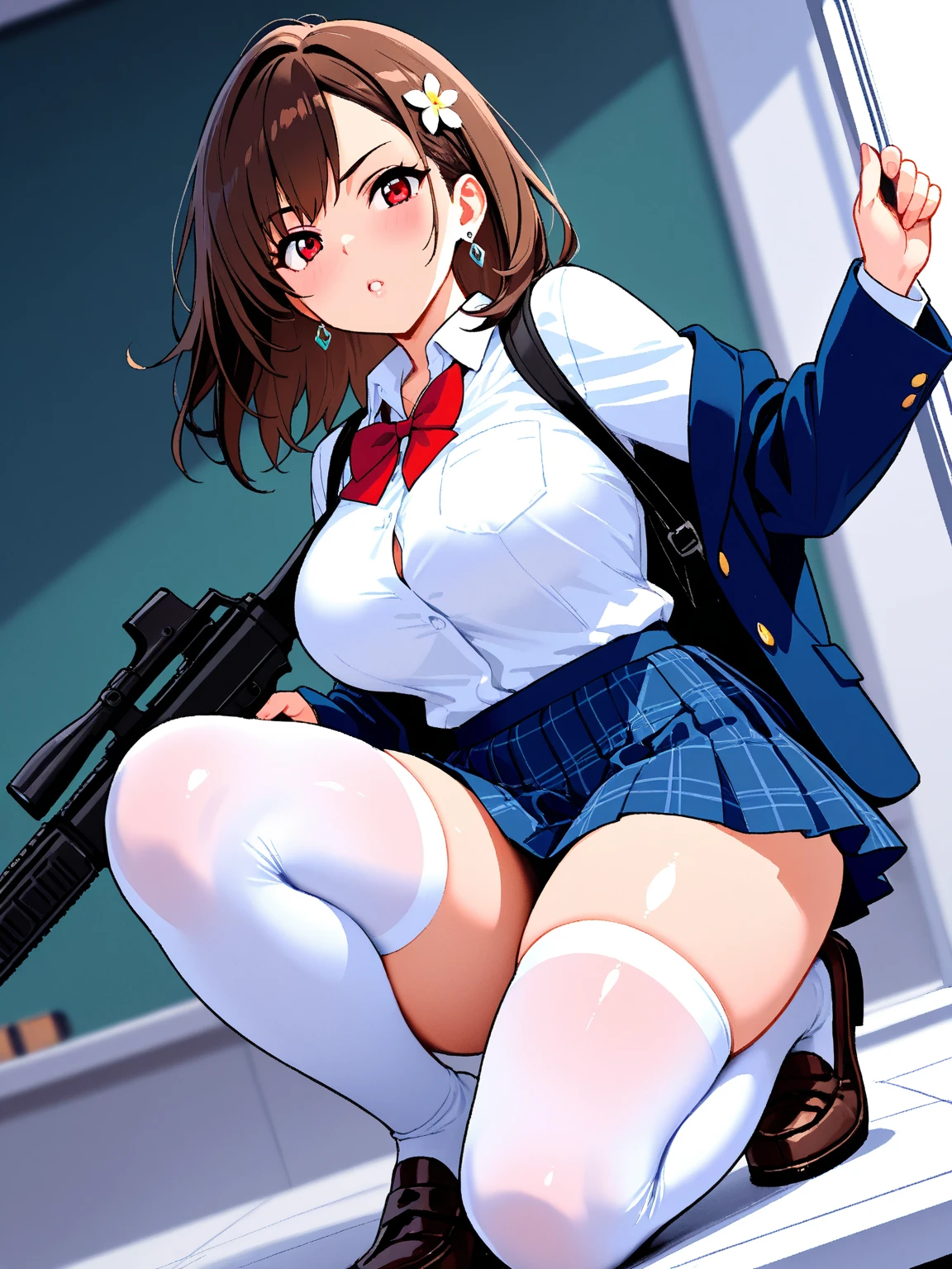 cutesexyrobutts style, yukari takeba (persona 3), 1girl, holster, thigh_holster, choker, solo, skirt, brown_hair, smile, cardigan, brown_eyes, looking_at_viewer, crossed_legs, shirt, jewelry, school_uniform, earrings, thighs, sitting, bow, bangs, short_hair, blush, white_shirt, thigh_strap, pink_cardigan, collared_shirt, clothes_lift, holstered_weapon, breasts, red_bow, black_skirt, white_choker, skirt_lift, long_sleeves, collarbone, weapon, socks, grin, gun, dress_shirt, bowtie, gekkoukan_high_school_uniform, red_bowtie, lifted_by_self, white_background, open_clothes