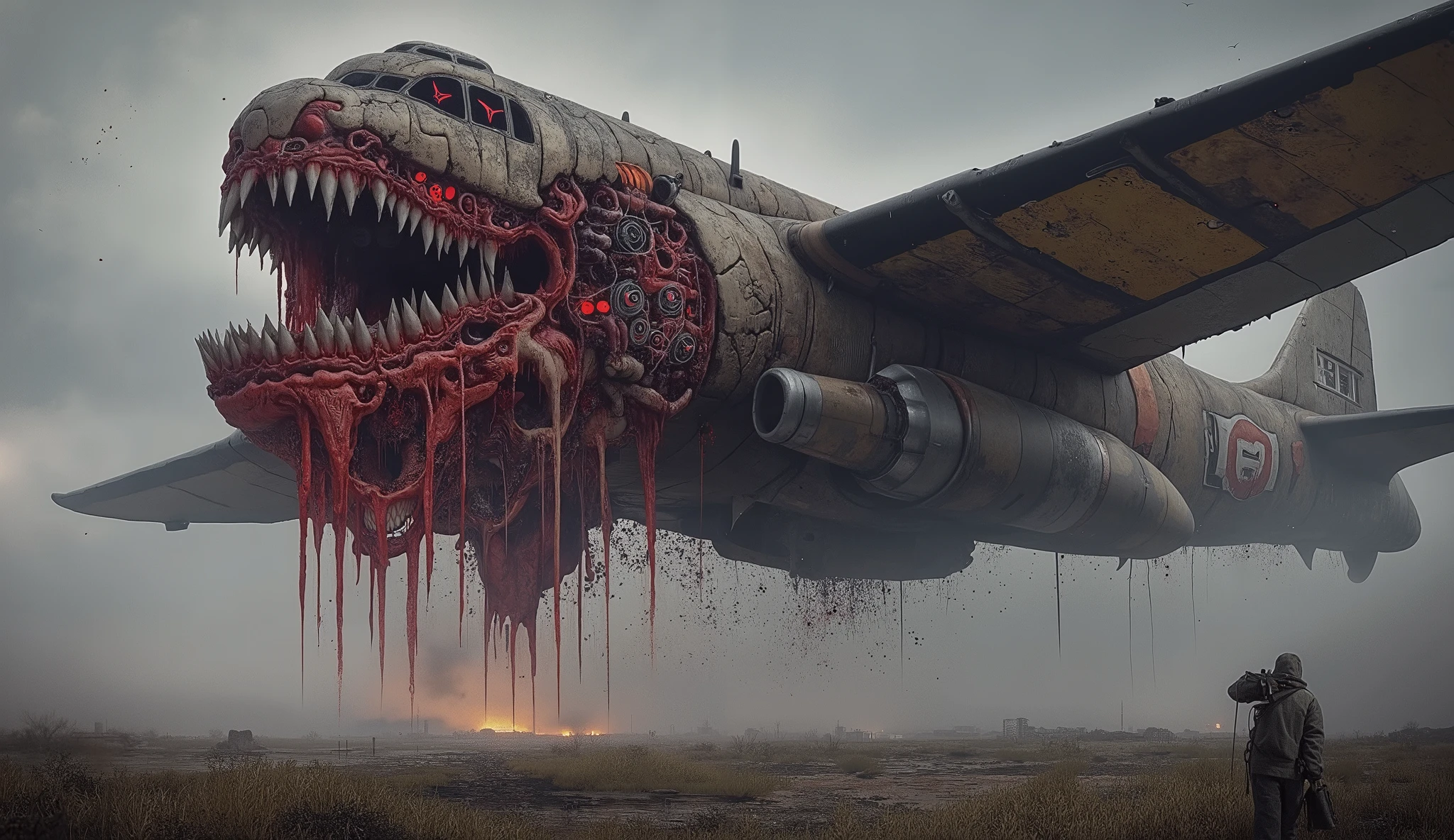(((full body))) A massive, mutated WWII bomber aircraft flying in full body, with rusted metal plating, exposed inner flesh, glowing biomechanical engine components, sharp metallic teeth forming a grotesque mouth under the nose, blood-stained fuselage panels, pulsing red lights inside broken windows, eerie atmosphere, horror sci-fi style, analog grain, cinematic lighting, extreme detail, hyper-realistic texture