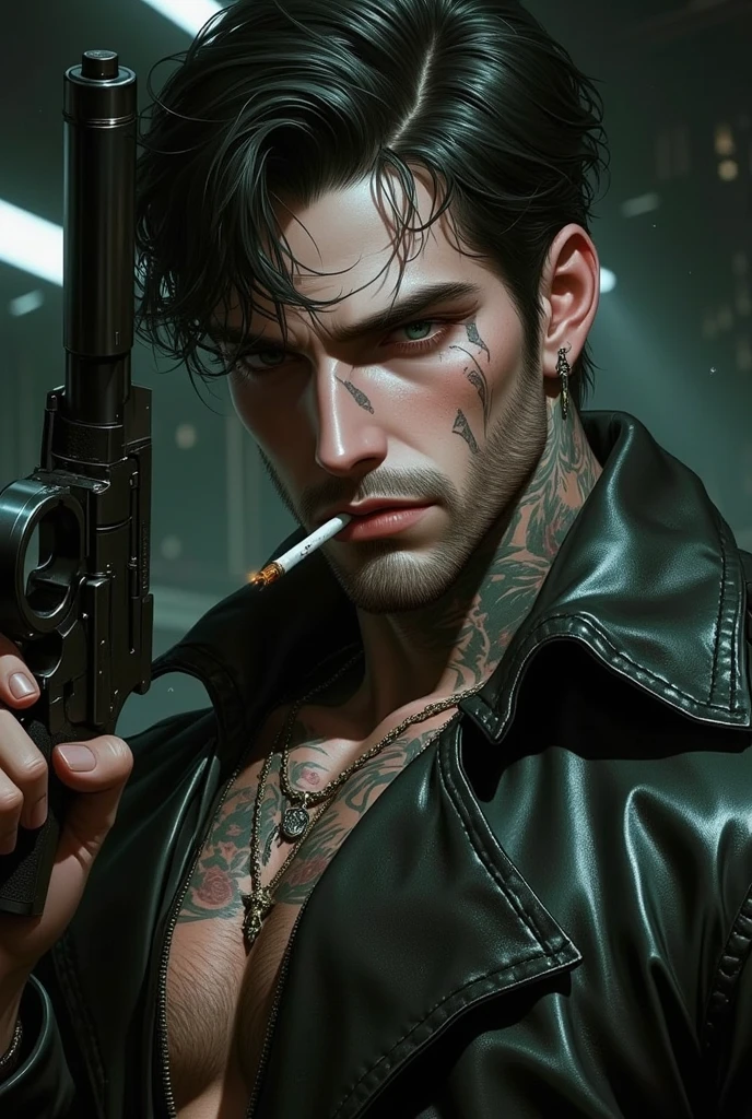 there is a man sitting on a couch smoking a cigarette, badass anime 8 k, concept art like ernest khalimov, style of raymond swanland, sharp high quality artwork, hd artwork, character art the contra, gta character, smoking and holding a gun, 4 k manga wallpaper, perfectly shaded body, cyberpunk street goon, cyberpunk dude, background artwork, tattooed man