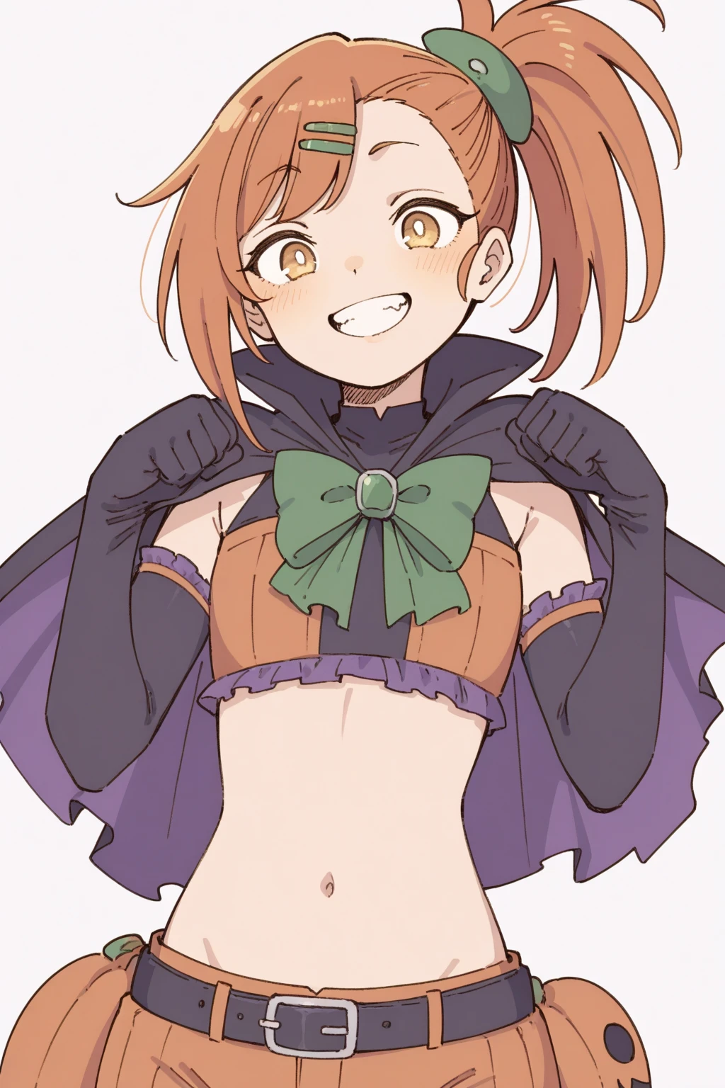 Kobayashi, blushing, frown, (Bust size very very small.)), (flat chest:1.2), Posing embarrassed, hands on the hips, badhandv4, Smalley "Candy Courier" halloween outfit, Smalley hallo, Witch hat, short hair