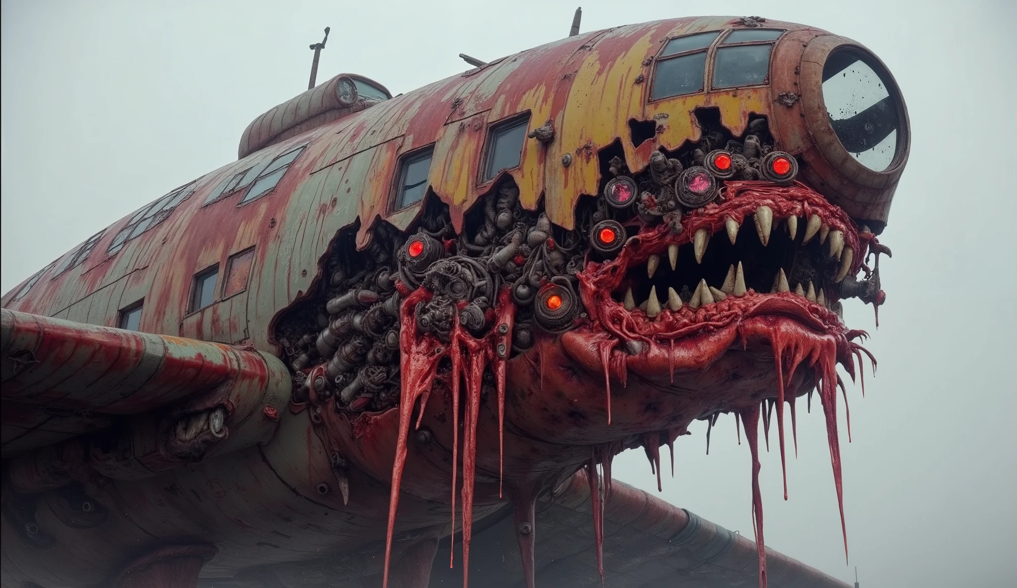 A massive, mutated WWII bomber aircraft flying, with rusted metal plating, exposed inner flesh, glowing biomechanical engine components, sharp metallic teeth forming a grotesque mouth under the nose, blood-stained fuselage panels, pulsing red lights inside broken windows, eerie atmosphere, horror sci-fi style, analog grain, cinematic lighting, extreme detail, hyper-realistic texture