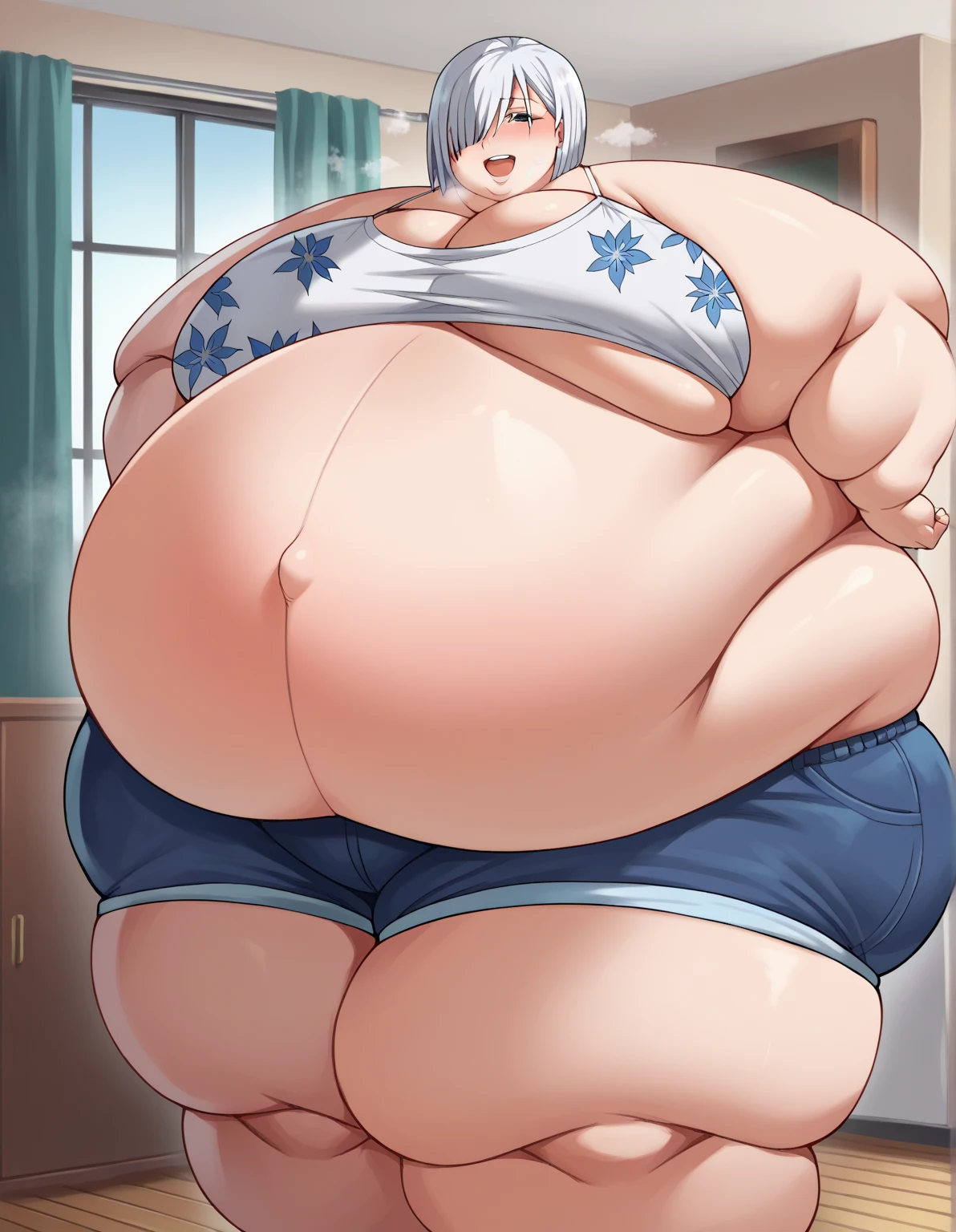 (Morbidly obese:1.1)Bloated belly, (double chin:1.2)Looking at viewer, happy, blushing, (Very small boobs:1.2)blue living room, sitting on couch, Furina, archon hat, white short hair, front face view, NSFW, nude, naked, small nipples, small , tiny