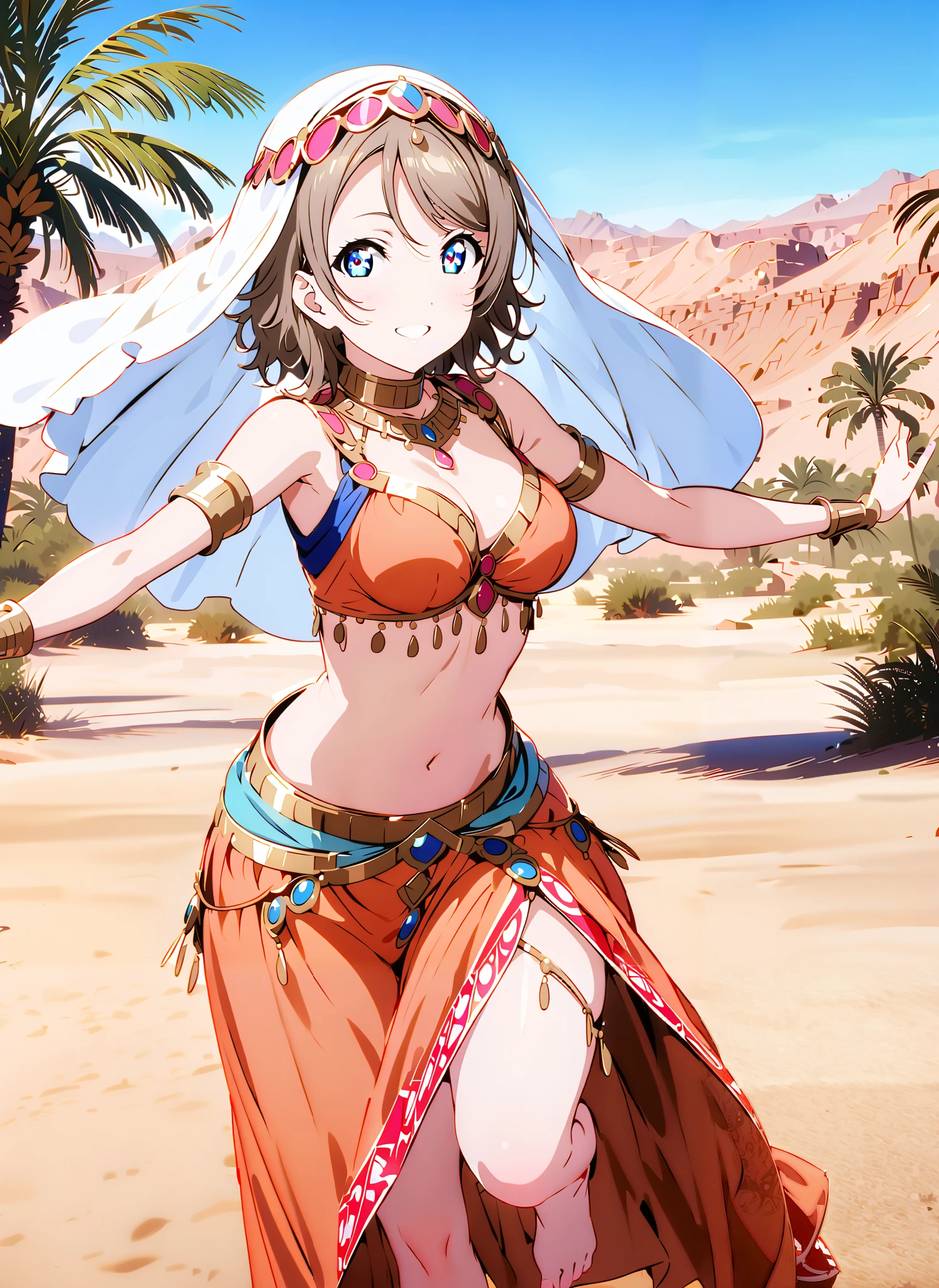 Watanabe, short hair, Hair, blue eyes,Medium breast,smile,cover, grin ,,Harem outfit, White Veil, Arabian clothing, collar , Mousebale, circlet , harem pants, bare feet,gold trim, dancer , dancing,Palm Trees,Glowing Skin,full bodyがillustrationsに入るように,break outdoors, desert, oasis,
break looking at viewer,full body,
break (masterpiece:1.2), best quality, high resolution, Unity 8k Wallpaper, (illustrations:0.8), (beautiful detailed eyes:1.6), very detailed face, so that it fits into the illustration, extremely detailed CG,(curved body, perfect anatomy),