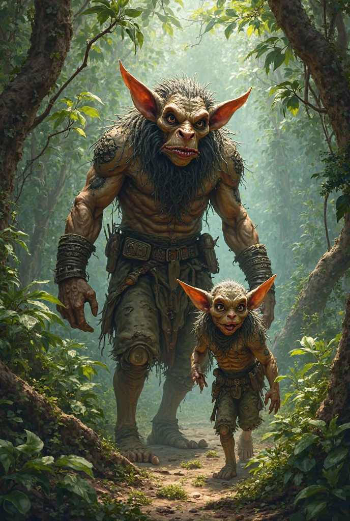 A realistic style image of a circle of spores druid, do jogo dungeon and dragons, friendly green goblin, he is thin and very short, has 1,30 tall, His hand has a red tribal tattoo in the shape of a flame, he has spores and various mushrooms growing on his clothes, and has skin with several mushrooms and spores, he has a wooden staff that has vines and mushrooms, and squirrel bones on the tip, next there are 3 decaying evil zombies with 1,80 tall , with realistic details and dramatic lighting to emphasize the character's mysterious atmosphere.