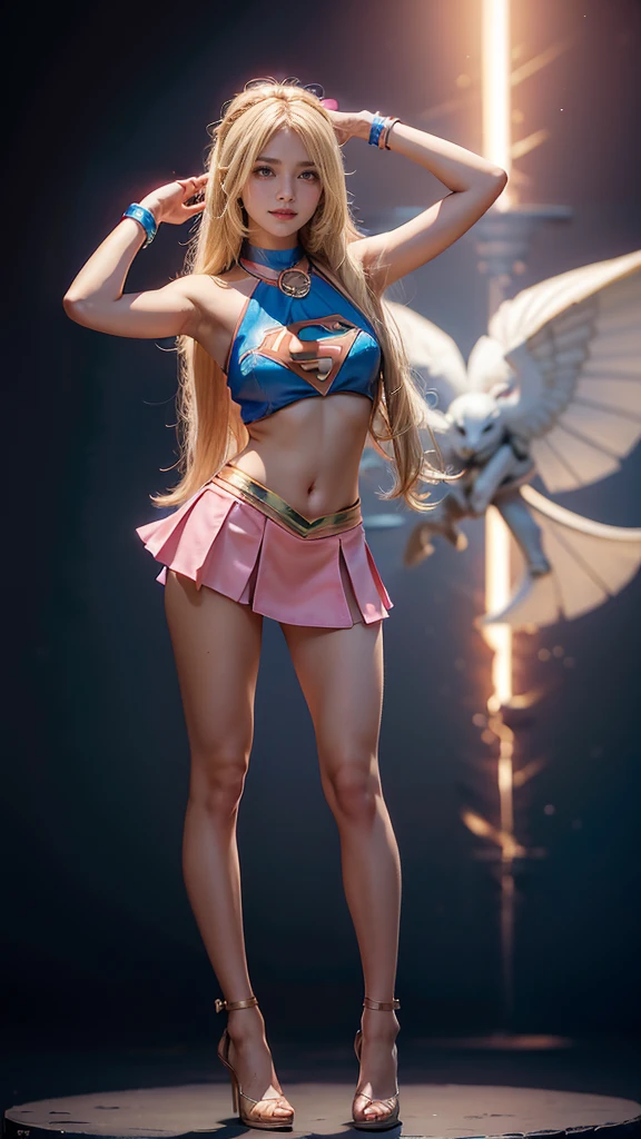 "((best quality,best ilumination)), Cute model with short hair and athletic body, (((vestindo COSPLAY DE SUPERGIRL))), seios acentuados e destacados, dynamic pose, fundo colorido, high saturation, luzes vibrantes." ((camelo)) ((pernas abertas))