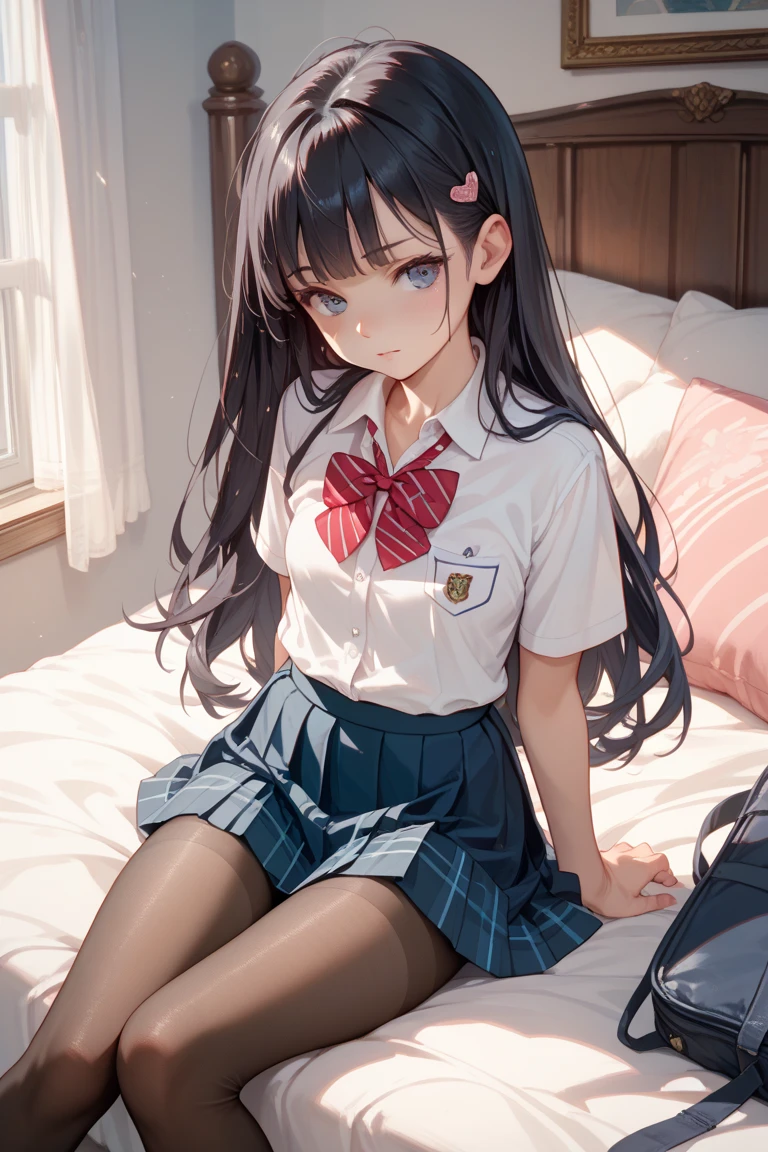 Mature Japanese Schoolgirl、I、Thin legs、Head to toe、get up、M-shaped feet、small 、(Black Pantyhose): 1.2)、((White panties visible through stockings))、A very beautiful person、I靴を履いていません、Shy big eyes、(Bans)、Messy Hair、(Barrette)、Pale blush、solo、Looking into the camera、I can see your panties、 Uniform Blazer、Junior high school uniform white blouse、Junior high school uniform blue ribbon、Middle school uniform checkered and navy pleated skirt、((Wet)),((See-through)),Large ruffled ribbon、((Black tight pantyhose))