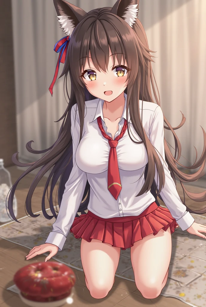 (((masterpiece, highest quality:1.5))),nsfw,cowboy shot,20 year old beauty,solo,((very small head)),((very long body,long body)),dark brown hair,long ponytail hair,brown eyes,bangs,shy,medium breasts,slender body,skinny,gleaming skin,oily skin,sweat,White sailor suit、Short sleeve、Red cellar collar、Red neckerchief、Pleated red mini skirt、white_thighhighs、Academy、