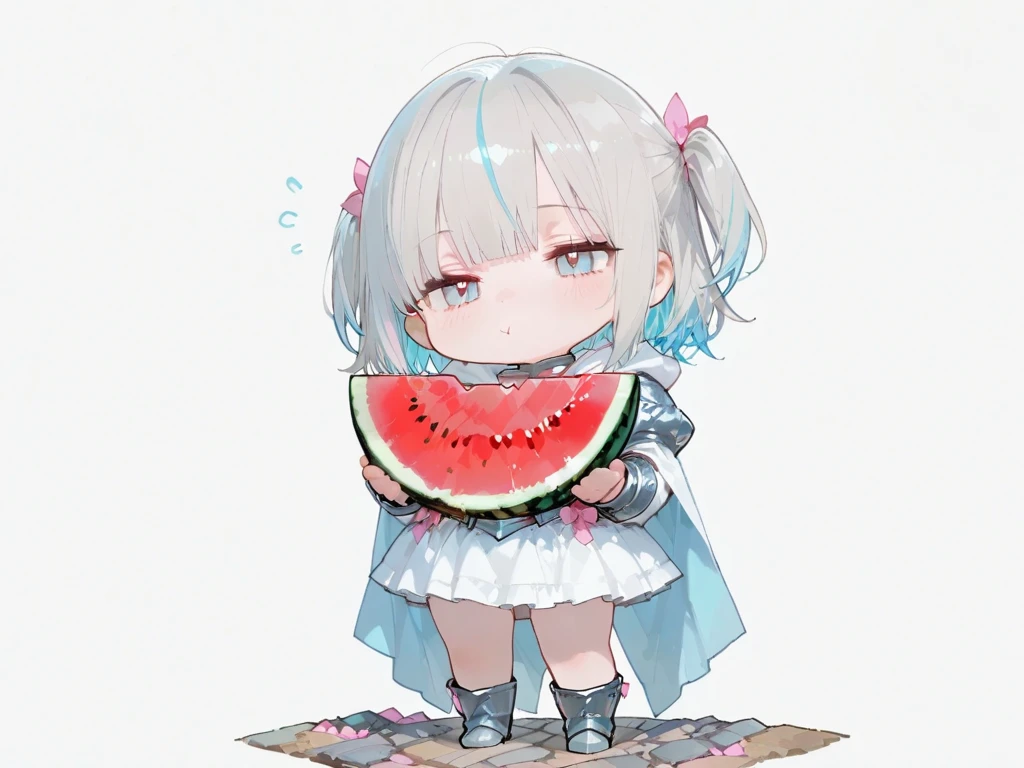 ((a sticker:1.5)))、((Chibi Chara))、((Blindfolded on the beach and holding a wooden sword to break a watermelon))、sand beach、1girl in、sano、、Strongest、Chibi Chara、fullllbody、Pastel colors hair、masutepiece、top-quality、high-level image quality