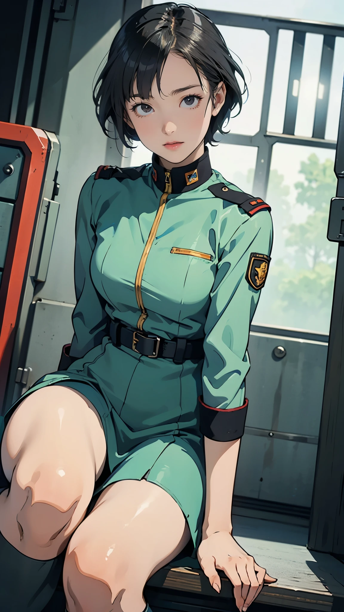  girl、Earth Federation Operator Girl Soldier、Black short hair、Idol-level cuteness、ish face and appearance、Operator intercom mounted on head、Accurately drawn faces、thin、Healthy knee-length skirt-style Earth Federation Army uniform、Knee-length、Inside the bridge of a battleship、Low angle shot、Anatomically correct、Accurate Fingers、Accurate Rimbuster Piece、Photorealization