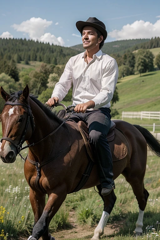 Male stubble beard brown handsome green eyes thin middle curly hair classy dressed casual badass skinny in black clothes smiling riding a horse