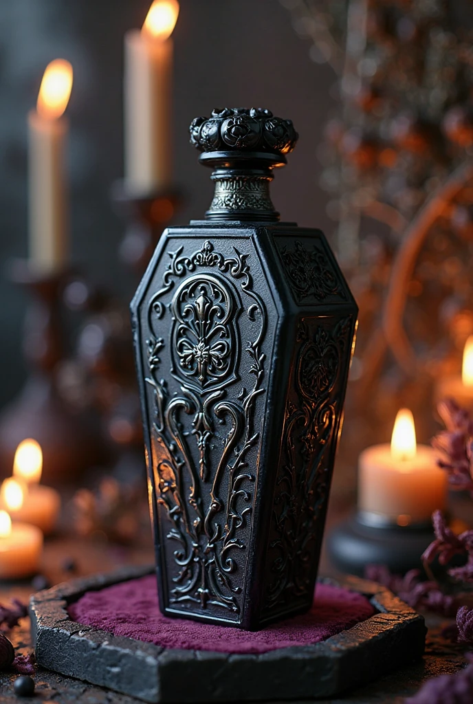 A small, sinister bottle rests on an ancient wooden table in a dimly lit alchemist's workshop. The bottle is made of dark, smoky glass, barely revealing the thick, emerald liquid within. Its shape is twisted and irregular, with eerie, glowing runes etched into its surface. The stopper is an intricate piece of silver filigree, adorned with a single, dark red gemstone that seems to pulse faintly. Around the neck of the bottle, a leather cord dangles with a tiny, ornate skull charm. The air around the bottle feels heavy and foreboding, hinting at the deadly contents inside.