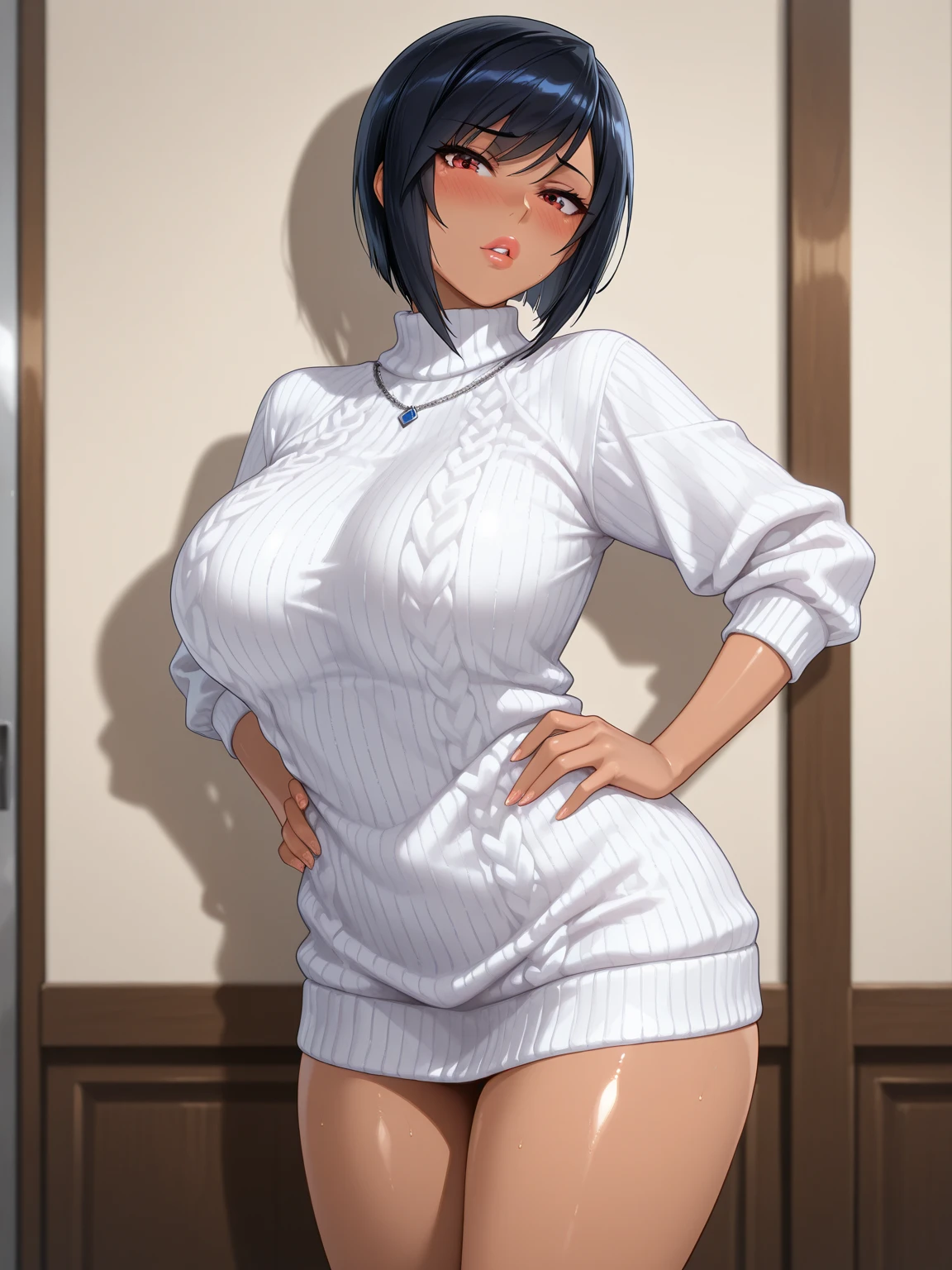 (close-up:1.2), (cute:1.3), (nervous:1.4), (head fully in frame:1.3), (beautiful face:1.5), looking at viewer, (smile:1.3), playing with own hair, closed mouth, upbeat mood, (blush:1.2), beautiful eyes, curvy, (large breasts:1.3), (wide hips:1.1), narrow waist, (cute:1.4), adjusting clothes, rizdraws, thick lineart, (film grain:1.2), (semi-traditional artstyle:1.3),
bbyorf, (black hair:1.3), short hair with long locks, white hairband, red eyes, gold earrings, jewelry, off shoulder, red sweater, sweater dress, long sleeves, black pantyhose