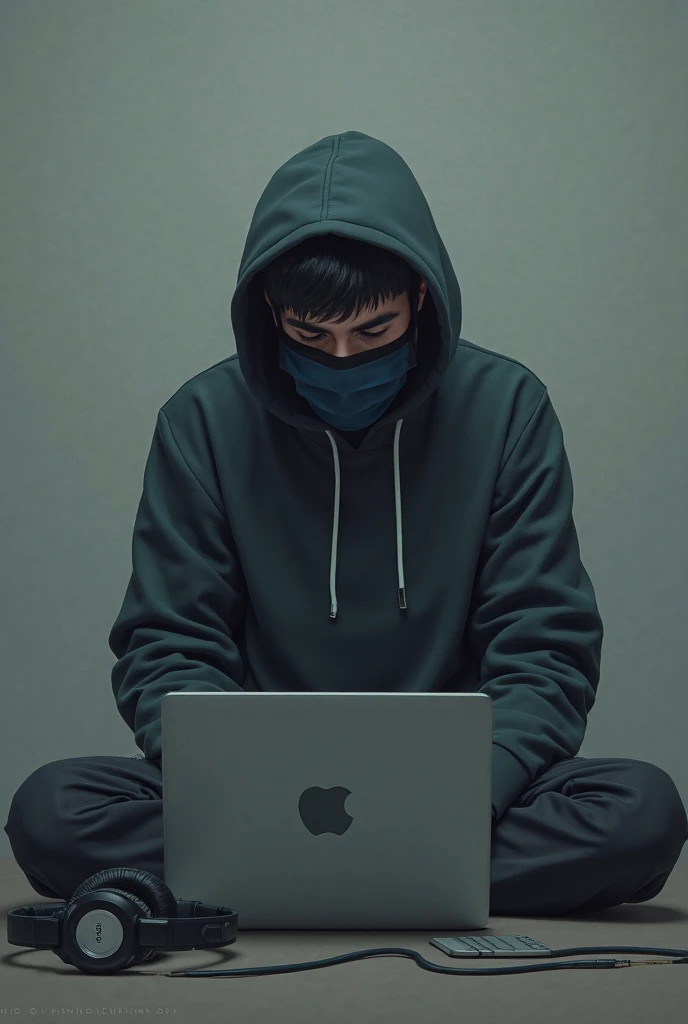 A cartoon picture of a boy in black hoddy with half of his face cover with a cap revealing only his mouth sitting in an office with a laptop on the table with him facing front