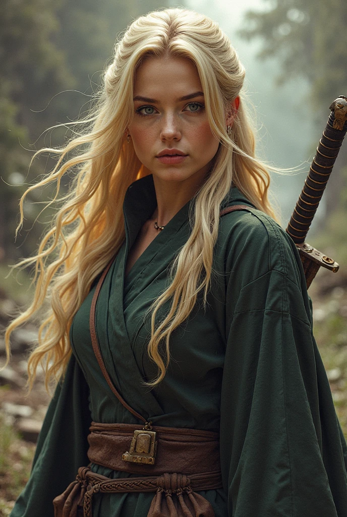 1 woman, inside a manual weapons room, wearing moss green ninja clothing, detailed facial features, feminine blue eyes, detailed light skin, very long blonde hair, image showing full body, dramatic lighting, cinematic composition, cold palette , dark colors , atmospheric fog, strong body, thin chin, (best quality, 4K, 8K, high resolution, art: 1.2), ultra-detailed, (realistic, photorealistic, photorealistic: 1, 37)
