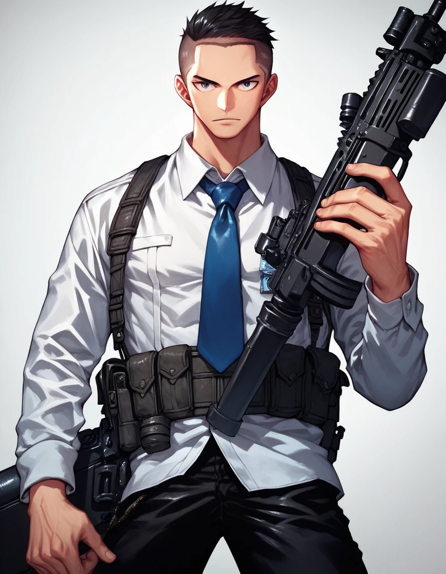 anime character holding a gun and wearing a White shirt, muscular! White, Clean and detailed anime art, Heavy weapons guy, Trigger anime art style, With rifle, Xin Jiachengi ( Apex Legends ), Hold pdw, Xin Jiacheng, Kushat Kents, holding mp7, Character Art Opposite, Kentaro Miura Art, Detailed anime character art