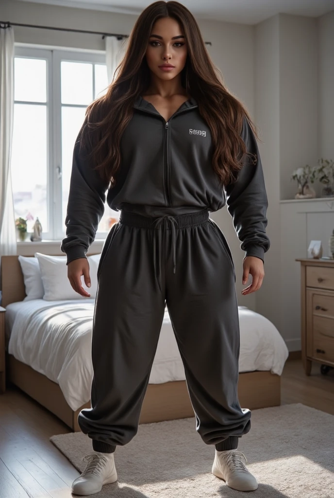 ((best quality)), ((masterpiece)), (detailed), perfect face realistic photo of beautiful woman with long dark brown hair, Russian, influencer, light freckles, dark brown eyes, big lips, no makeup, instagram, next to black wall, wearing a shirt and shorts, inspired by Esaias Boursse, instagram, dau-al-set, grey sweater, prison jumpsuit, hourglass figure, keyhole, zippers, 💣 💥, female outfit, tracksuit, opened dress, front shot, cozy vibe, normal clothes, middle close up shot, close angle