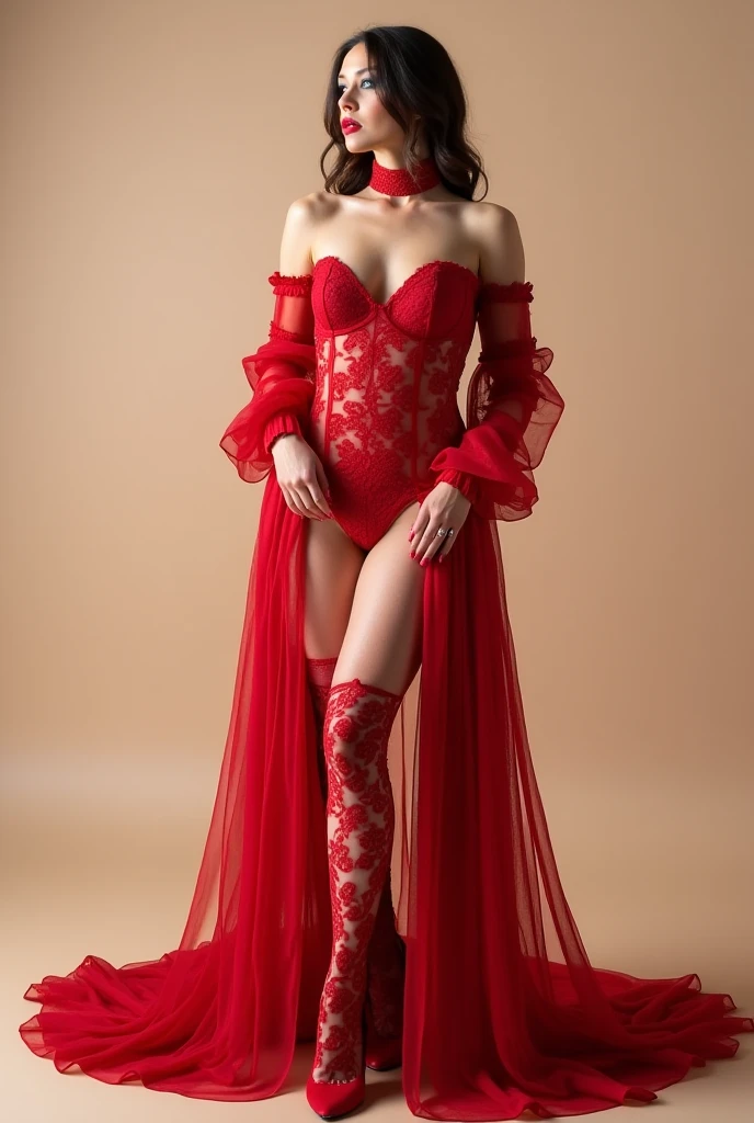Red kimono open shoulders open legs beautiful breasts stockings black background red rose petals