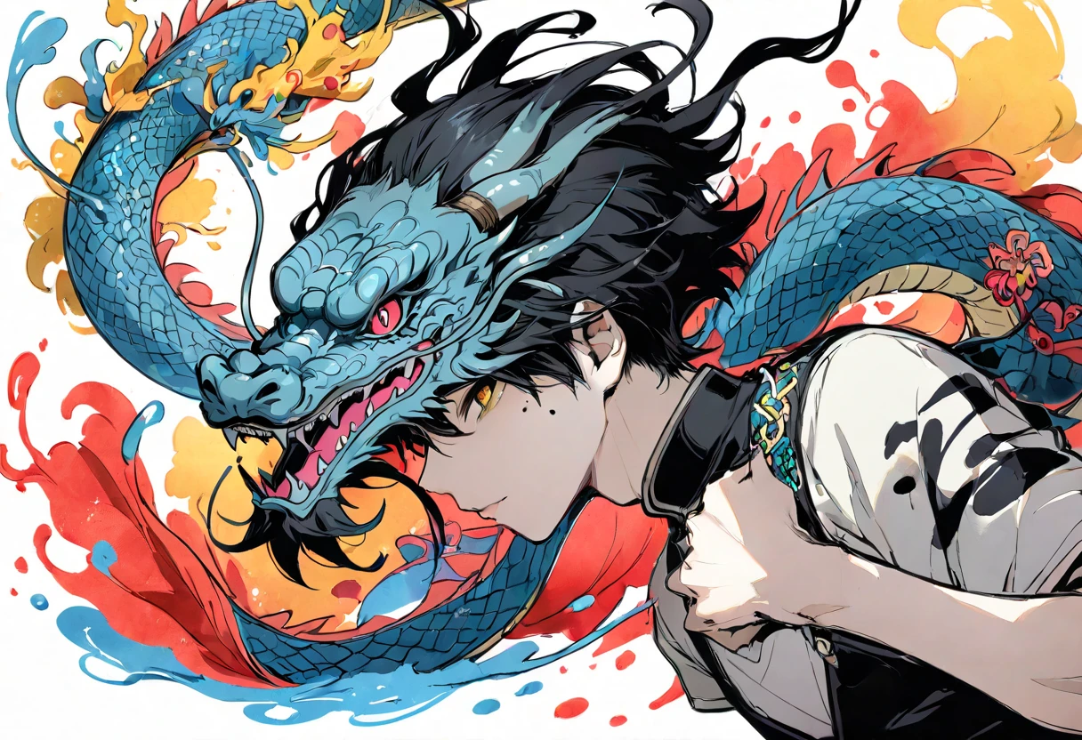 generate an anime style character. he must have a dragon climbing his shoulders as if protecting him. the color of the dragon must be black. the dragon must be in a spectral form. the character must have a strong physical build. the scene must be very detailed.