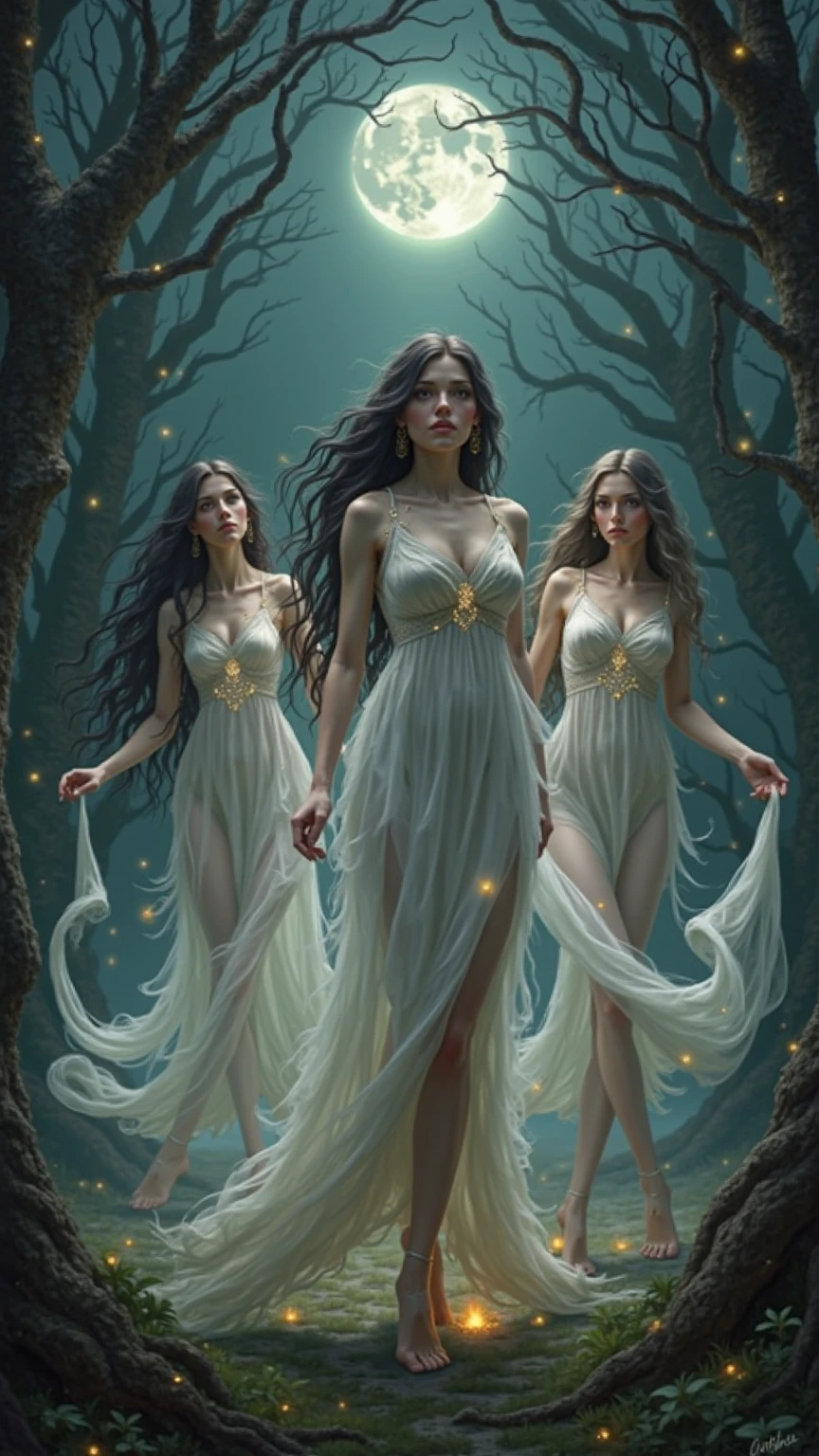((Night)) ((a deserted lake)): Three ethereal vampire women, **(full body)**, one brunette, one blonde, and one redhead, each with pale, **(pale skin)** and bared fangs. Draped in **(sexy pale see-through nightgowns)**, they rise out of the lake, their **(long, flowing hair)** soaking wet. This scene is captured in a **(style of a painted book illustration)** with **(dramatic lighting)**. By the **(depth of field)**, the women are the **(masterpiece)** of this image, their **(detailed features)** becoming **(best quality)** and **(highly detailed)**.