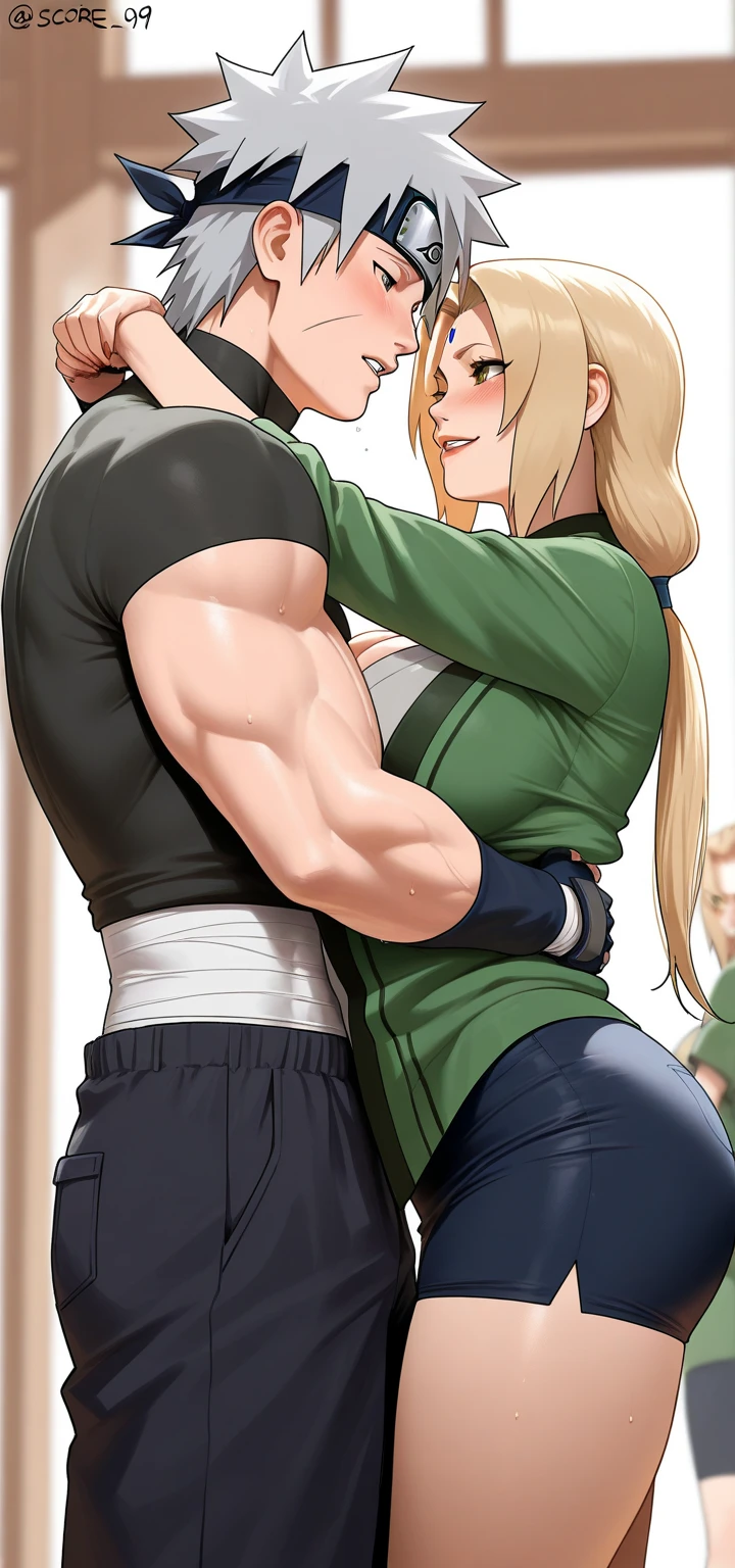 Senju Tsunade, ((Bimbo))), Long Blond Hair, cute smile face, Puffy lips, medium breasts, Painted lips, thick lips, wide hips, thick thighs, Huge ass, The face of craving desire , cleavage, mature mom, night club, dancing, sexy outfit, white top, guy and girl hugging, guy is groping her ass, guy is grabbing her ass, ass being squeezed