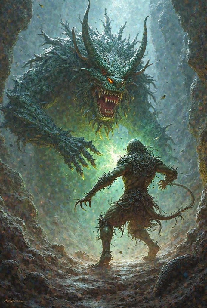 captivating and tense scene in a dark, foreboding cave where a lycan and a girl. The cave is dimly illuminated by the faint glow of bioluminescent fungi clinging to the damp walls and the soft light of a nearby torch, casting eerie shadows that dance across the rocky surfaces.
The lycan, a towering and fearsome werewolf creature with rippling muscles and sharp, glistening fangs, stands poised in a menacing yet wary stance. Its eyes glow with a mix of primal fury and curiosity, fur bristling under the pale light.
The girl, dressed in simple yet sturdy medieval attire, stands her ground with a look of both fear and determination. She holds a small, ancient artifact or talisman that emits a faint, protective glow, hinting at its significance in this tense standoff. Her expression is a blend of bravery and desperation, suggesting a deeper connection or mission involving the lycan.
The cave itself is a labyrinthine structure with jagged stalactites and stalagmites, enhancing the sense of claustrophobia and danger. The ground is uneven and scattered with ancient bones and remnants of past conflicts, adding to the ominous atmosphere.
This image captures a moment of intense confrontation and suspense, blending elements of dark fantasy and medieval adventure, inviting viewers to imagine the story and stakes behind this dramatic encounter.