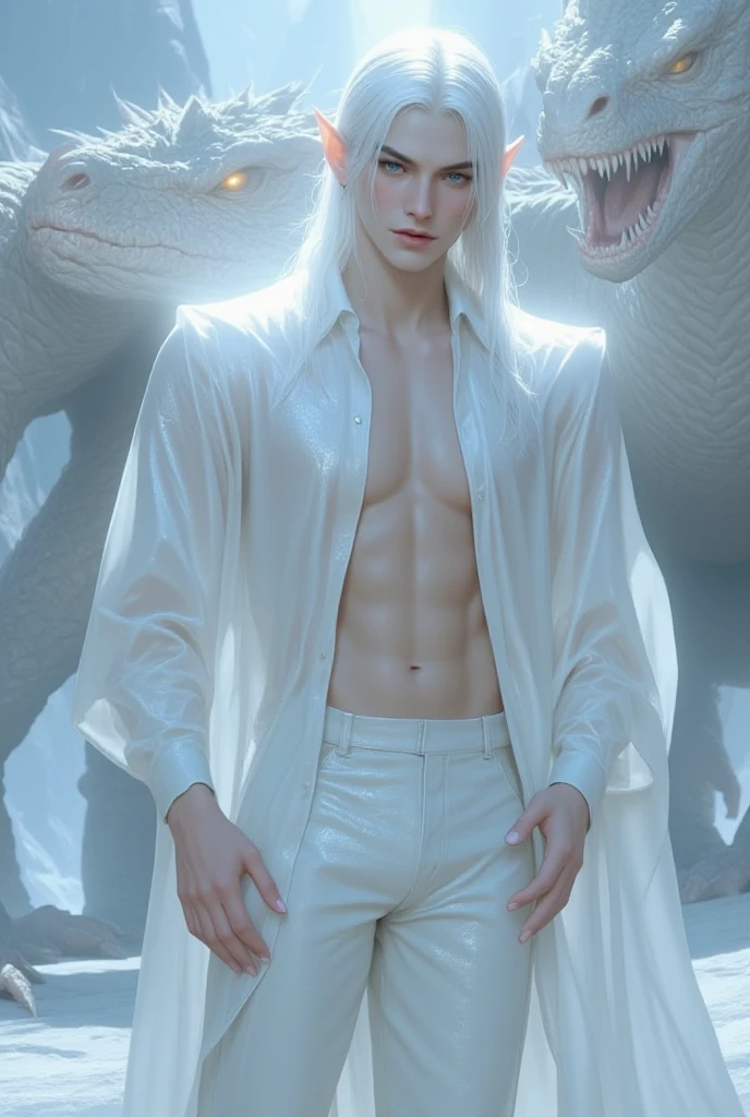 Full Body photorealistic 4k, high resolution, Nicholas Hoult,,best quality, masterpiece, perfect color, perfect shade, perfect lighting, Posted by e621, ((portrait)), ((handsome man)), perfect male figure, Short hair details，Naked and nude torso，Detailed face, perfect face, (stood up), Detailed background, ((Bonifasco Lighting)), (delicate eyes),(animal ears white wolf)，((big fluffy tail))，tattoo，((forest))，emaciated. Smiling 