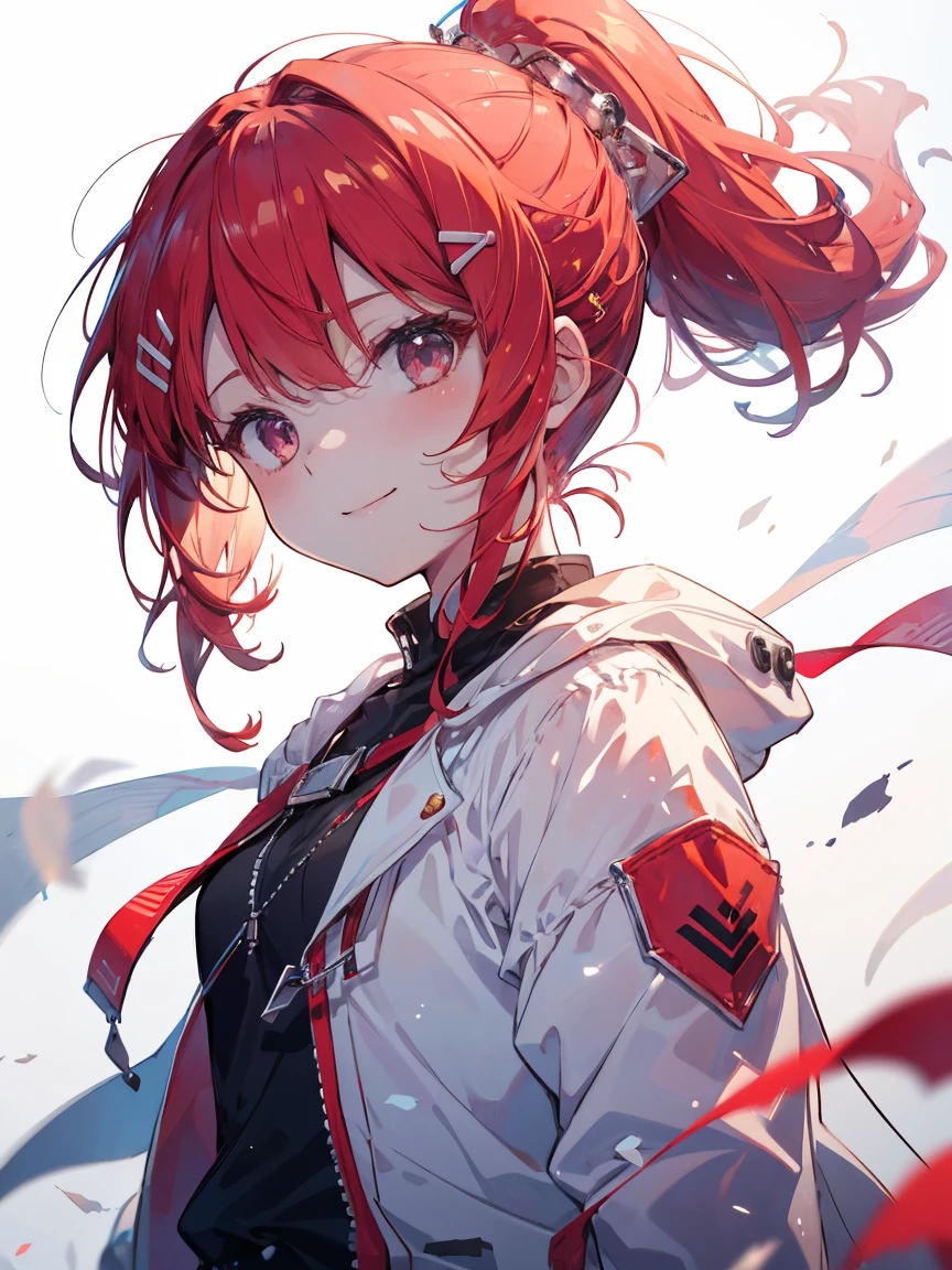 masterpiece, best quality, high quality, 1girl, red hair, side ponytail, hoodie, looking at viewer, from side