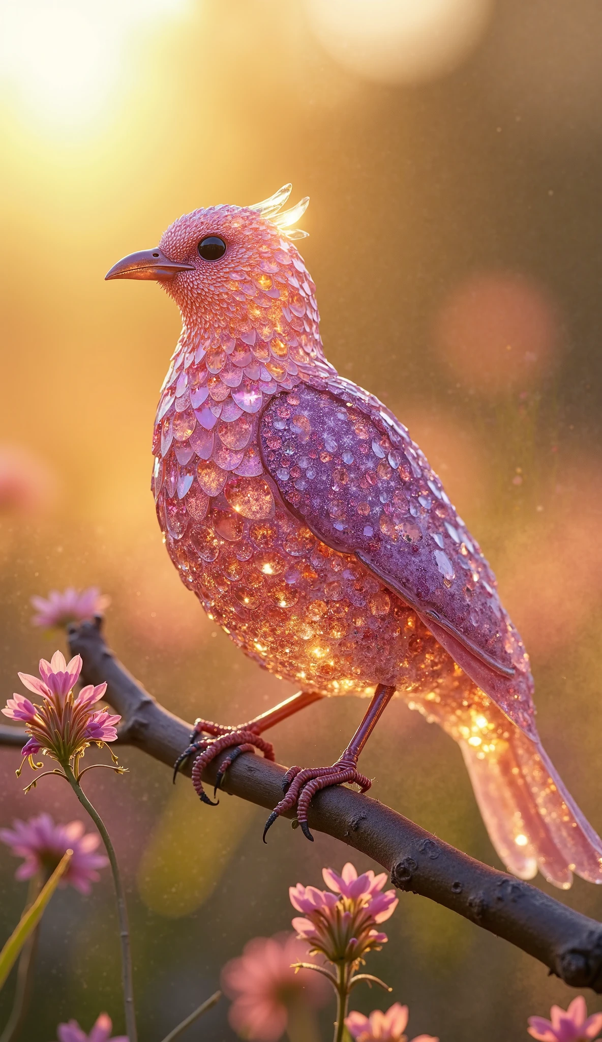 There is a bird that is sitting on a branch with flowers - SeaArt AI