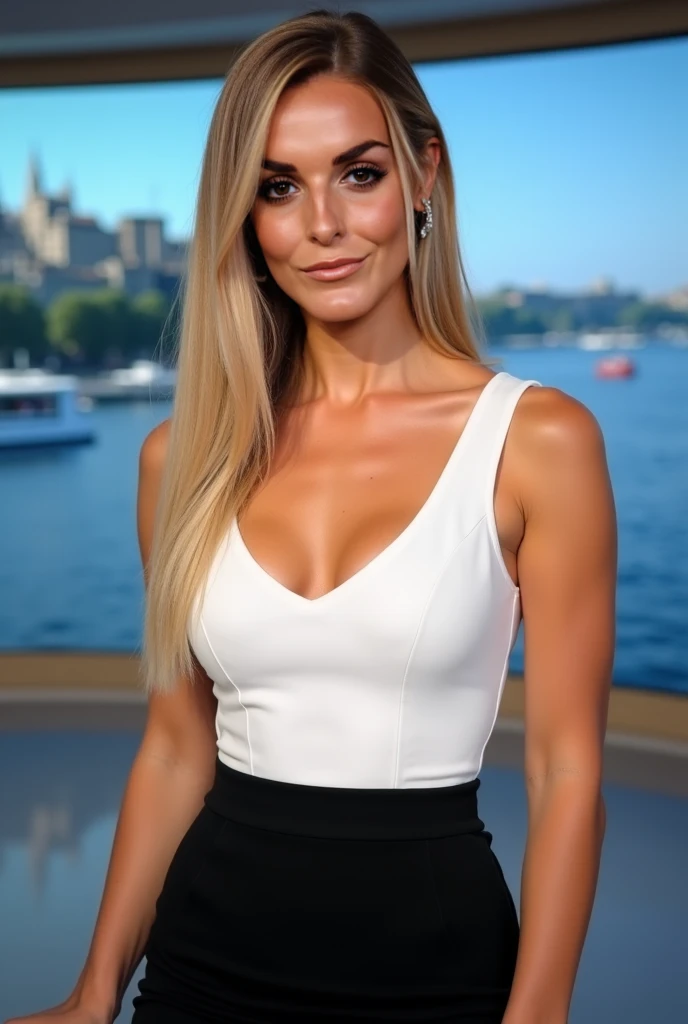 influenceur ,Fille 2 ,blond,cheveux longs, ees bruns ,yeux de renard , longues laisses , réaliste ,8k, ultra réaliste , texture réelle de la peau , parfait , bobs moyens ,parfait hands
