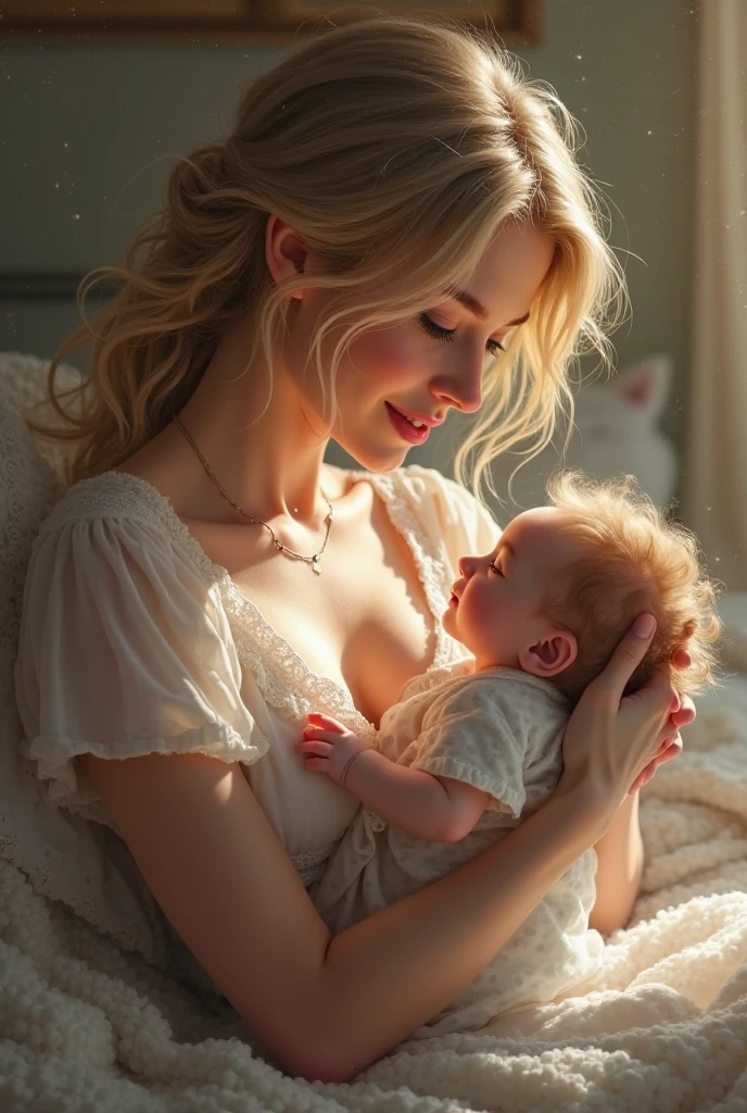 A woman with very short white hair and violet eyes and light brown skin breastfeeding a baby
