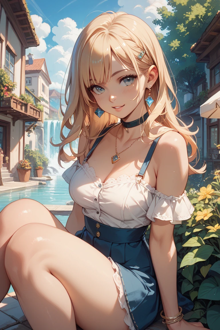 (masterpiece), (best quality), (extremely detailed), alice liddell, big messy blonde hair, blue dress, white apron, black hairband, white long socks, cleavage, cute pose, in a flower garden, (pond), (blue sky), (sunny day), 3d. Illustration, Good Highlights, Perfect Proportions, dynamic, Professional, Award winning, (high detailed skin), (high detailed face), HDR, ultra highres, absurdres, perfect body shape, cute smiling, realistic figure, sexy posing, perfect breast,