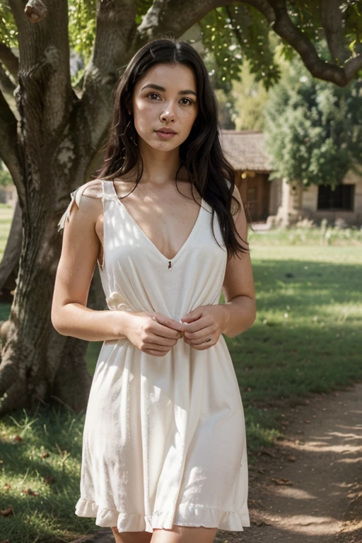 blonde girl, 35 years old at full height, in a white dress in nature