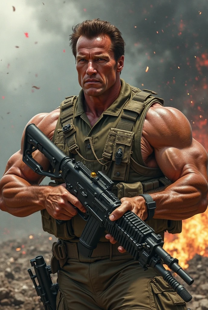 (best quality,4k,8k,highres,masterpiece:1.2),ultra-detailed,realistic:1.37,arnold schwarzenegger,brutal,vivid colors,sharp focus,rpg-7, grenade launcher, shooting,burst fire,empty casings dropped down ,explosions on background,dramatic lighting,strong shadows,physically-based rendering, determined eyes,smoke-filled air,high-contrast,