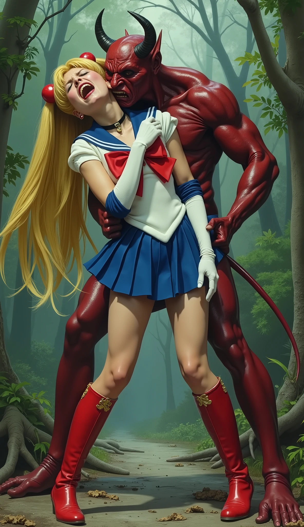 Hyperrealism, masterpiece, highest quality, A young Japanese woman is bending down and hugging from behind by a devil, ((she is crying and screaming in pain)), tears from her eyes, painful face, she is wearing a Sailor Moon costume, Blue sailor collar, Blue short mini pleated skirt, she is wearing a very short blue mini pleated skirt, (upskirt:1.8), Long white gloves, shiny beige color pantyhose, Exposed thighs, red long boots, big choker, long blonde Hair, a devil is standing sexual assault her from behind, the devil is hugging her tightly and push his private part into her skirt, in the jungle,