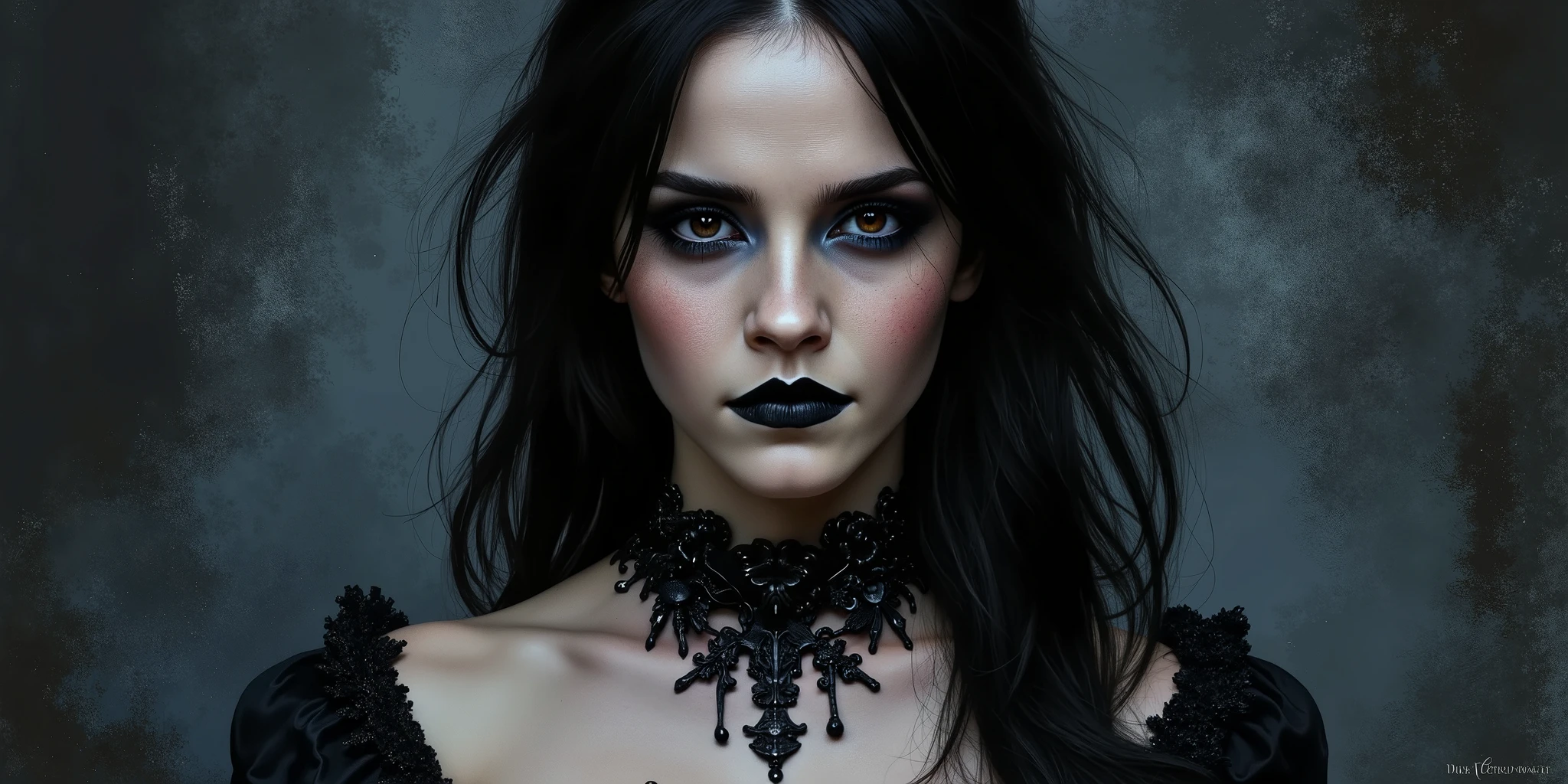 An extremely detailed an enigmatic young woman in her late s portrayed by a young Dominique Ruiz with pale skin black hair and amber eyes wearing a Victorian era gown and corset and gothic makeup with a look on her face that is somewhere between inviting and alluring and sinister and mischievous . She has pale skin, striking amber eyes accentuated by dark gothic makeup, and full lips colored in a muted black shade. Her black hair flows down her back in voluminous waves, styled in a slightly tousled manner that adds dynamism to the portrait. An ornate black leather choker adorns her neck, adding elegance to her attire. The lighting is soft and diffused, casting subtle shadows and highlights that emphasize her facial features and the texture of her clothing while maintaining a somber mood. The background consists of dark, textured brushstrokes in shades of midnight blue and charcoal gray, which enhance the overall mysterious atmosphere without drawing attention away from the subject. The color palette includes deep blacks, pale porcelain whites, and accents of midnight blue, contributing to the dark fantasy aesthetic. The composition centers on the character's intense gaze, creating a captivating portrait with an alluring and sinister expression. Standing in a dynamic action pose. Trending on Art Station.