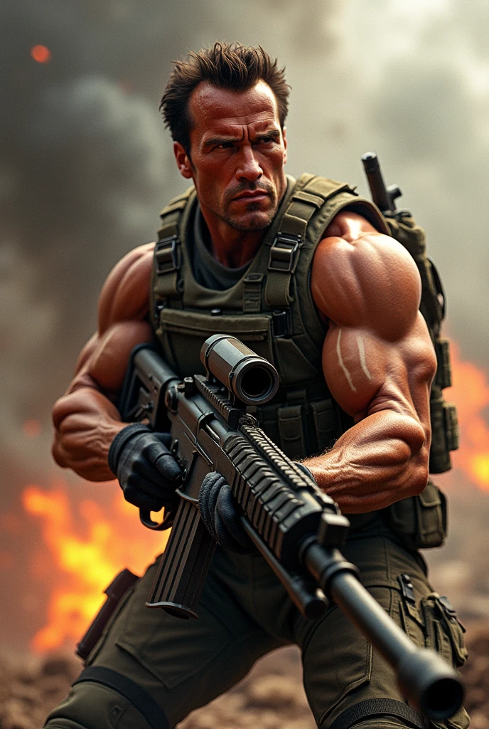 Arnold schwarzenegger in commando movie holding machine gun and ready ...