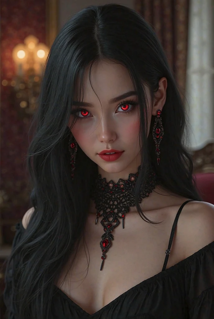 (best quality, hyperdetailed photography:1.2), beautiful lady, freckles,red eyes , black hair,dark makeup, soft light, snoopy breast,head and breast portrait, cover, (detailed beautiful face, detail skin texture, ultra-detailed body:1.1) sexy vampire girl,