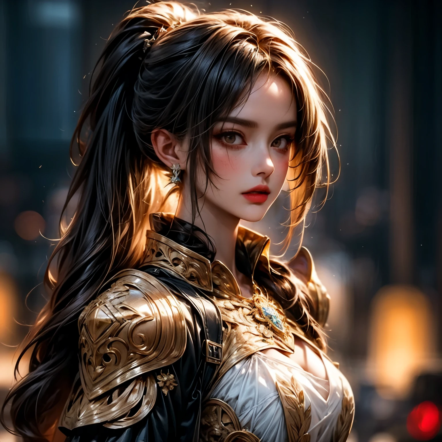 ((extreme quality)), ((Masterpiece)), ((Enrich the picture，Masterpiece level quality)), golden hair, high ponytail, very big breasts, golden eyes, fierce woman, ultra eyes details, RAW 4K, Realistically , ( cinematic lighting, moody, textile shading), perfect proportions, ultra detailed, volumetric lighting, soft lighting, glossy skin, beautiful face, Special face details, strong emotions, elegant gesture, Detailed facial features, Long eyelashes, contrast, Incredible atmosphere, Fascinating setting, Haunting beauty , black mini skirt , holy knight , heavy knight armor , intricate golden embroidery , chest armor,