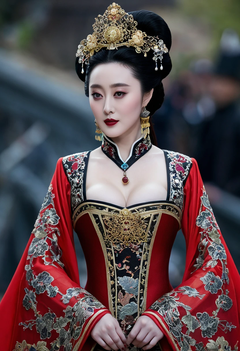 (Hyper-realistic 8K CG: 1.2), Perfect work of art, Exquisite patterns, Intricate details, (An unrivalled masterpiece, best quality: 1.2), (Extremely complex: 1.2), woman in red and gold dress, ((dark brown hair, Big tits:1.2 )), (Low-cut,Deep V),Phoenix Coronet, hair stick, (躺On the red bed: 1.3), cosmetic, blush, Shy, (Smile),Black_hair, Look up, cosmetics, (Lace,silk), (chiffon:1.5), (Faint areola:1.5),,Chinese_clothing, ((Red loose comfortable clothing:1.4)),(Large Breasts),D cup ,curtain, earrings, hair_decorate,Hanfu, Internal, Jewelry, Red nails, long_sleeve, (On the red bed,Red pillow:1.6) ,(minuscule underwear:1.5),Red Dress, red lips, tassel, (Red pillow,Red quilt), (Red Hi Word: 1.2), (ancient Chinese architecture),, night,(wedding),(Marriage room),Chinese style marriage room,(Phoenix Coronet:1.5),(bridal chamber),(A soothing look:1.5),