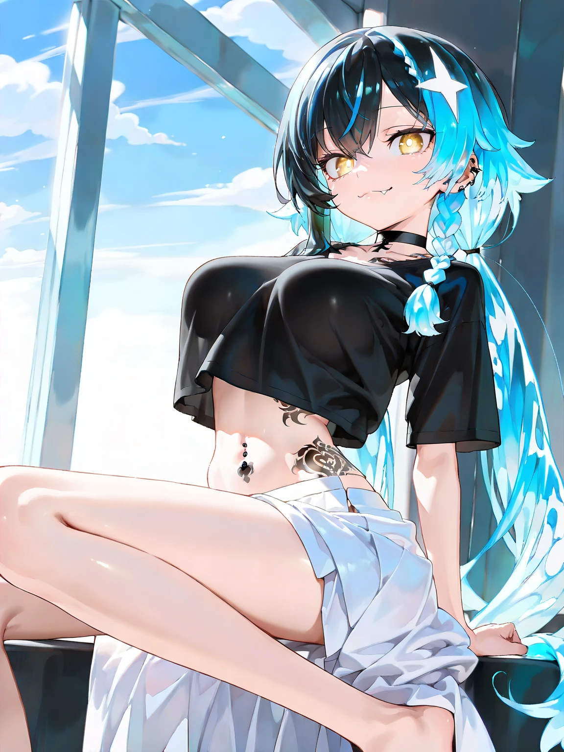 {Moist feather(hololive)}, 1girl in, Short hair, Double bun, {Emerald green hair}, {{Red Eyes}}、masterpiece、top-quality、Very flat chest, very flat chest、小柄、Many piercings in the ears{hatred}、grimacing、irate、{Deadly}、demon king、{full body Esbian}、Sitting on a chair、Aura of Darkness、very short black denim hot pants、white tank tops、Very sheer tank top、inside in room、Blue-winged butterfly、watching at viewers、