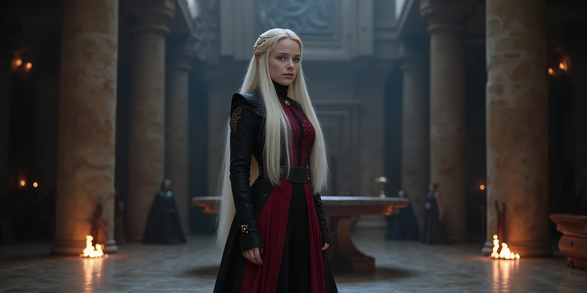 Create a powerful and regal portrait of Daenerys Targaryen standing in the grand Hall of Dragonstone. She is depicted as a slender, ethereal figure with silver-blonde hair cascading down her back in intricate braids, adorned with small dragon-shaped ornaments. Her violet eyes glow with determination and strength, reflecting her Targaryen heritage. She wears a flowing, elegant dress in deep black and red, with dragon-scale patterns and subtle embroidery that hints at her house's sigil. The dress is both regal and practical, with a high collar and long sleeves, exuding authority and grace.The Hall of Dragonstone surrounds her, with its towering stone walls carved with ancient Valyrian runes and dragon motifs. The room is dimly lit by flickering torchlight, casting dramatic shadows across the space and highlighting the textures of the stone and her dress. Behind her, the massive stone table shaped like Westeros stands as a symbol of her claim to the Iron Throne. The atmosphere is dark, mystical, and awe-inspiring, with a faint glow of firelight reflecting off her hair and eyes.The composition focuses on Daenerys as the central figure, capturing her commanding presence and the weight of her destiny. The style is realistic and detailed, with a focus on textures—the smoothness of her skin, the shimmer of her dress, and the roughness of the ancient stone. The mood is both majestic and haunting, embodying her role as the Mother of Dragons and rightful heir to the Targaryen legacy.