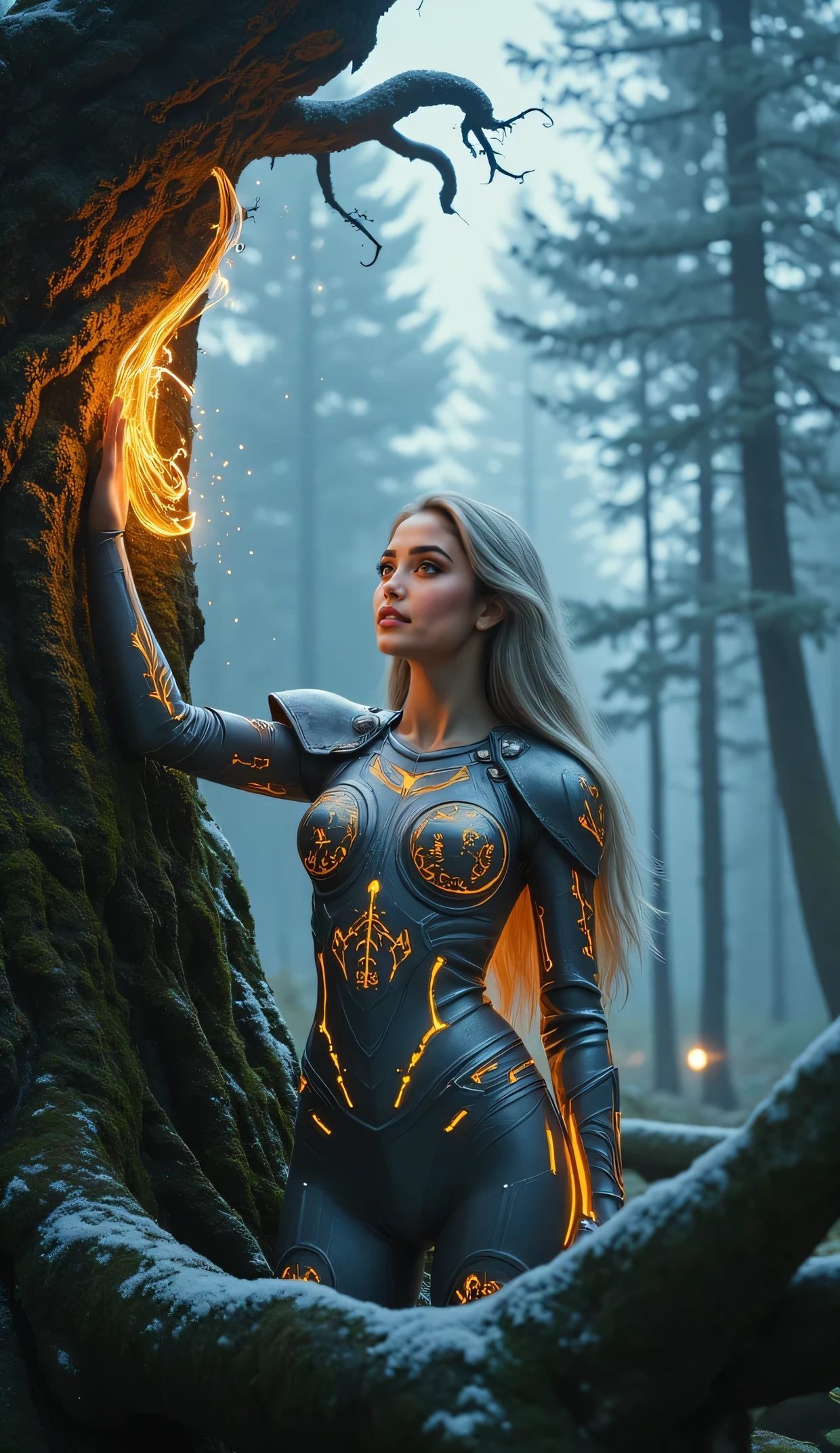 Hyperrealistic photo of a 20-year-old Norse cybernetic goddess standing in a primordial Nordic forest, ancient trees entwined with glowing circuitry roots. Her flawless pale skin radiates a soft golden aura, while her deep blue eyes flicker with holographic runes. Silver hair flows like molten mercury, threaded with luminous cybernetic filaments. Sleek armor plates emerge from moss-covered stone, engraved with pulsating Norse symbols that merge organic vines and neon data streams. Dawn light fractures through frost-laden branches, casting prismatic rays over her raised hand, where liquid-metal tendrils spiral upward, summoning a vortex of ancestral code and starlight. Ultra-sharp 8K details, ethereal bioluminescence clashing with cold metallic textures, her expression a blend of awe and resolve as the forest hums with awakening power