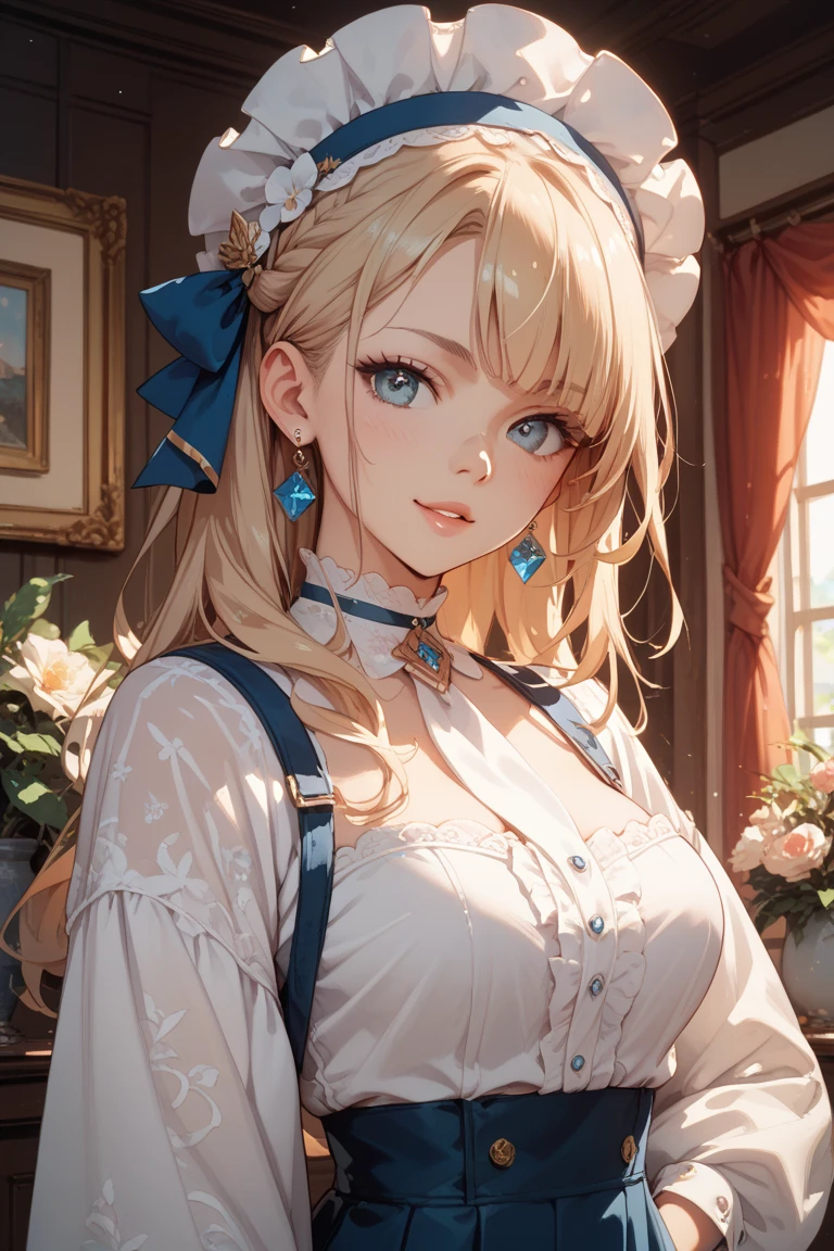 ((ultra detailed, masterpiece, absurdres))
TKNLili, 1girl, sexy maid, 30 years old, solo, long hair, bangs, blonde hair, office interior, innocently seductive vive, sky blue eyes, warm barn lighting, fantasy setting, off shoulders, black tie, smile