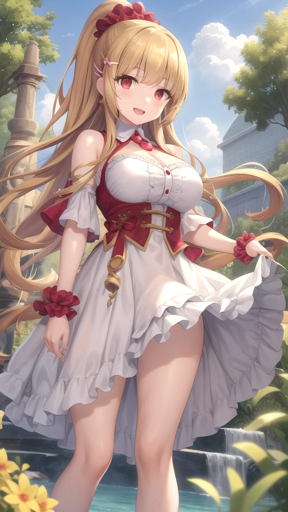 Adult Woman, Long dark blonde wavy hair、White and red dress, Puffy nipple、(Long flared skirt),、beautiful tiara、耳Nipple Ring、Medium milk, cute smile face、Poses that emphasize the buttocks、(turned around)、sexy hips、Red High Heels、a castle yard、sexy pose、(((The skirt is rolled up by the wind)))、((Sexy yellow lace panties))