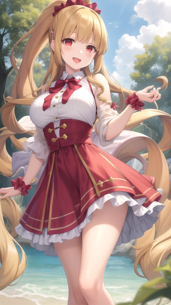 Adult Woman, Long dark blonde wavy hair、White and red dress, Puffy nipple、(Long flared skirt),、beautiful tiara、耳Nipple Ring、Medium milk, cute smile face、Poses that emphasize the buttocks、(turned around)、sexy hips、Red High Heels、a castle yard、sexy  pose、(((The skirt is rolled up by the wind)))、((Sexy yellow lace panties))