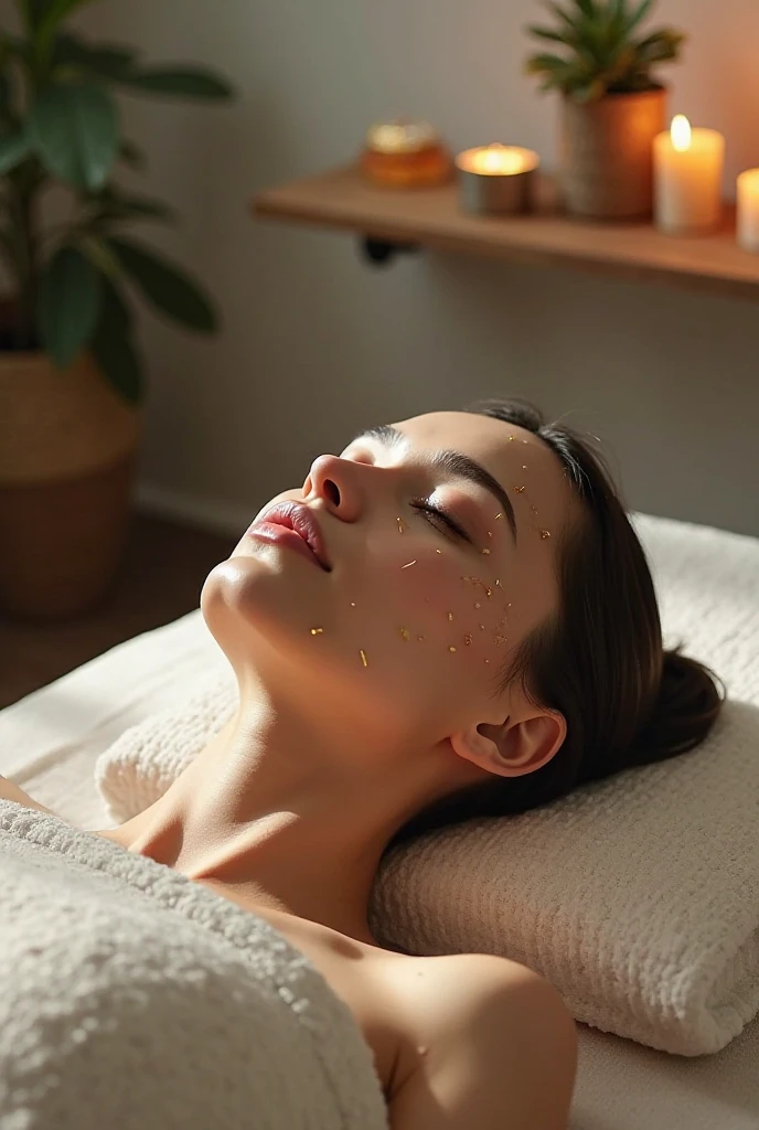 (best quality,4k,8k,highres,masterpiece:1.2),ultra-detailed,(realistic,photorealistic,photo-realistic:1.37),a girl in a spa doing a facial treatment viewed from above,facial mask,serene and relaxing atmosphere,reflected natural light,clear and glowing skin,soft and soothing background music,gentle hands,calming aroma therapy,comfortable treatment bed,fresh and clean towels,professional aesthetician,morning sunlight streaming through the windows,refreshing cucumber slices on the eyes,steamy hot towels on the face,hydrating and nourishing skincare products,subtle and natural makeup,spa robe,peaceful ambiance,row of potted plants in the background,healthy and radiant complexion,tranquil water fountain in the corner,freshly brewed herbal tea,gentle steam rising from the facial steamer,luxurious and indulgent experience,relaxed and rejuvenating environment,skincare consultation prior to the treatment,meticulously applied face mask,bright and spacious treatment room,soft and plush slippers,gentle exfoliation for smooth skin,revitalizing and moisturizing facial mist,soothing face massage to relieve tension,tension-relieving scalp massage to enhance relaxation,positive and friendly atmosphere,expert advice on skincare routine,glowing candles adding warmth and tranquility,peaceful and serene expression on the girl's face,complete and thorough facial cleansing,rejuvenated and radiant appearance,harmonious and balanced color palette,clean and minimalist spa decor,refreshed and energized feeling after the treatment.